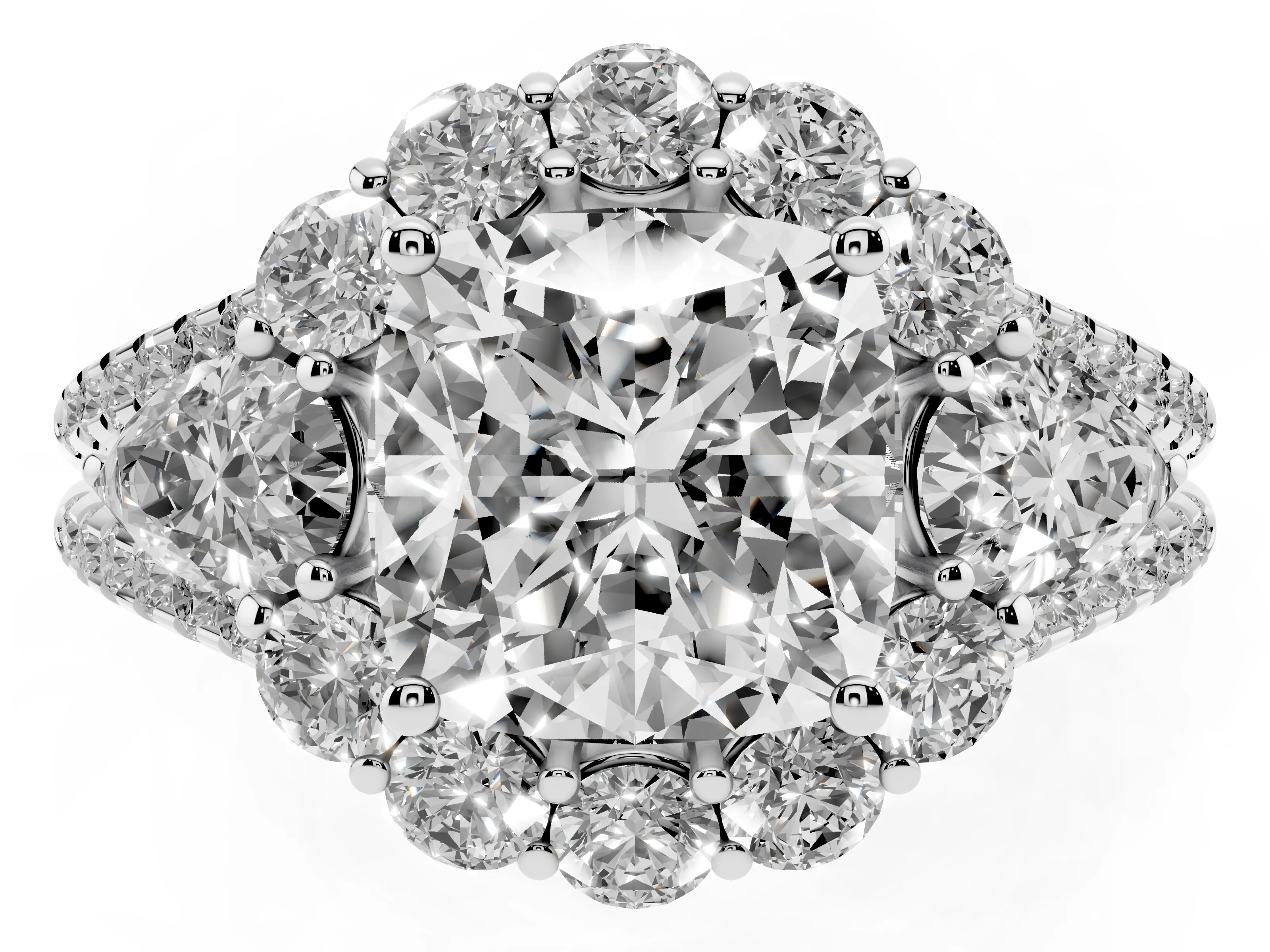 Cushion Cut Diamond Halo Split Shank Engagement Ring Set in Platinum with Prong-Held Center Stone