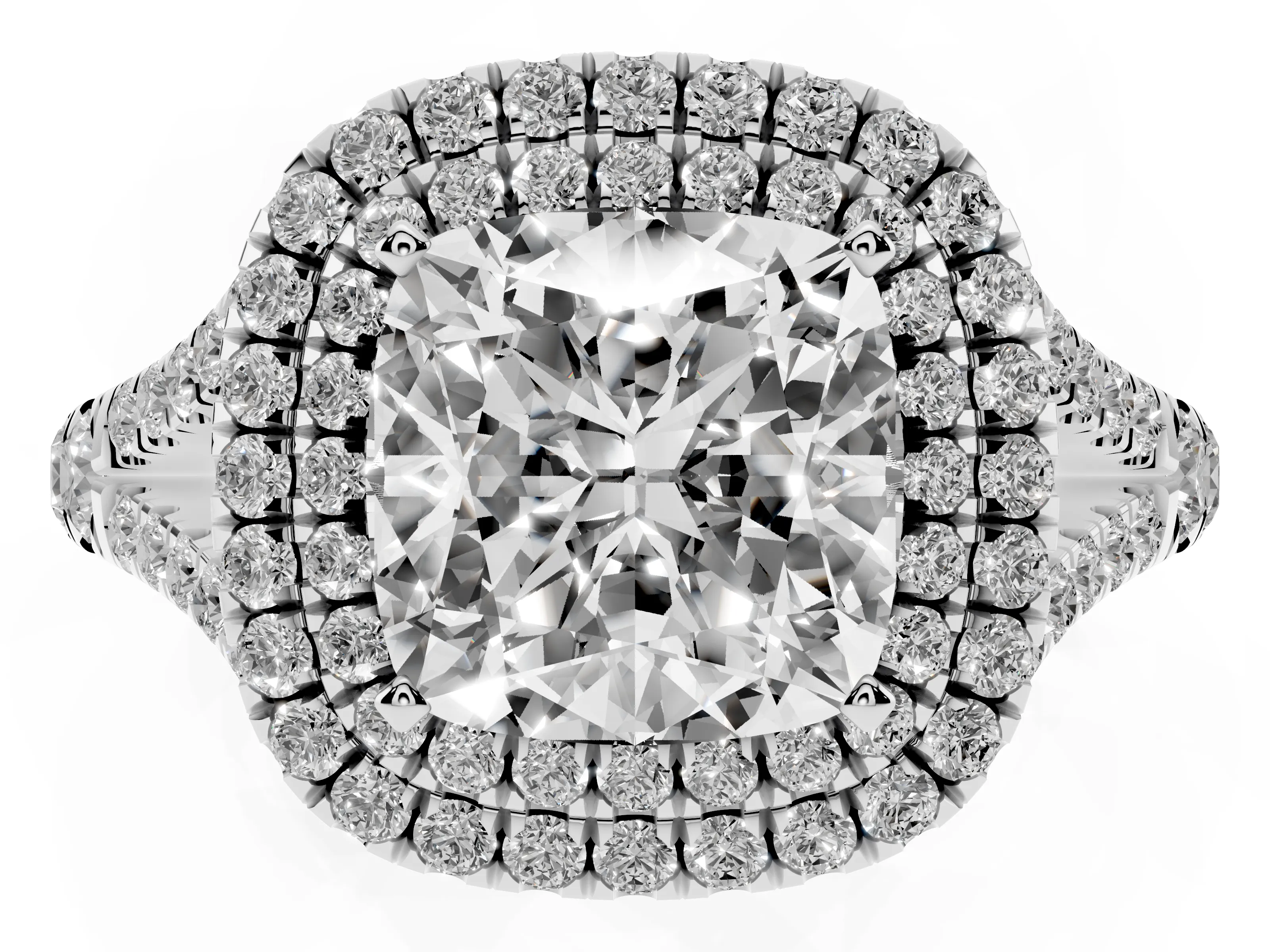 Cushion Cut Diamond Pavé Split Shank Double Halo Engagement Ring Set in Silver