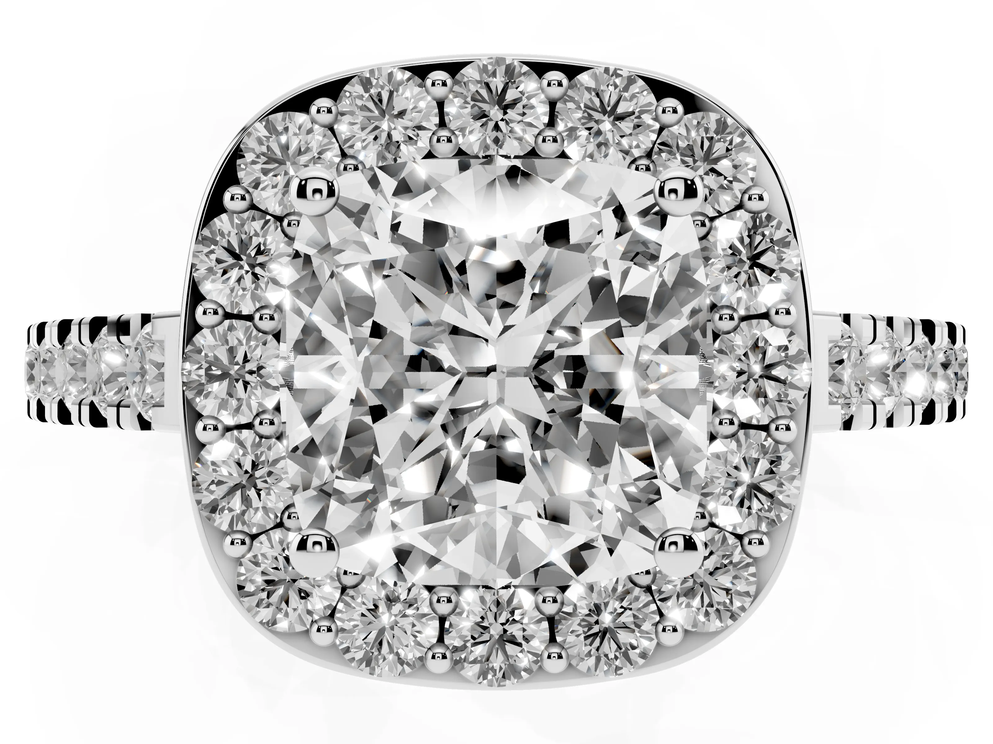 Cushion Cut Diamond Halo Ring Set in Silver with Round Pavé Split Shank and Prong Setting