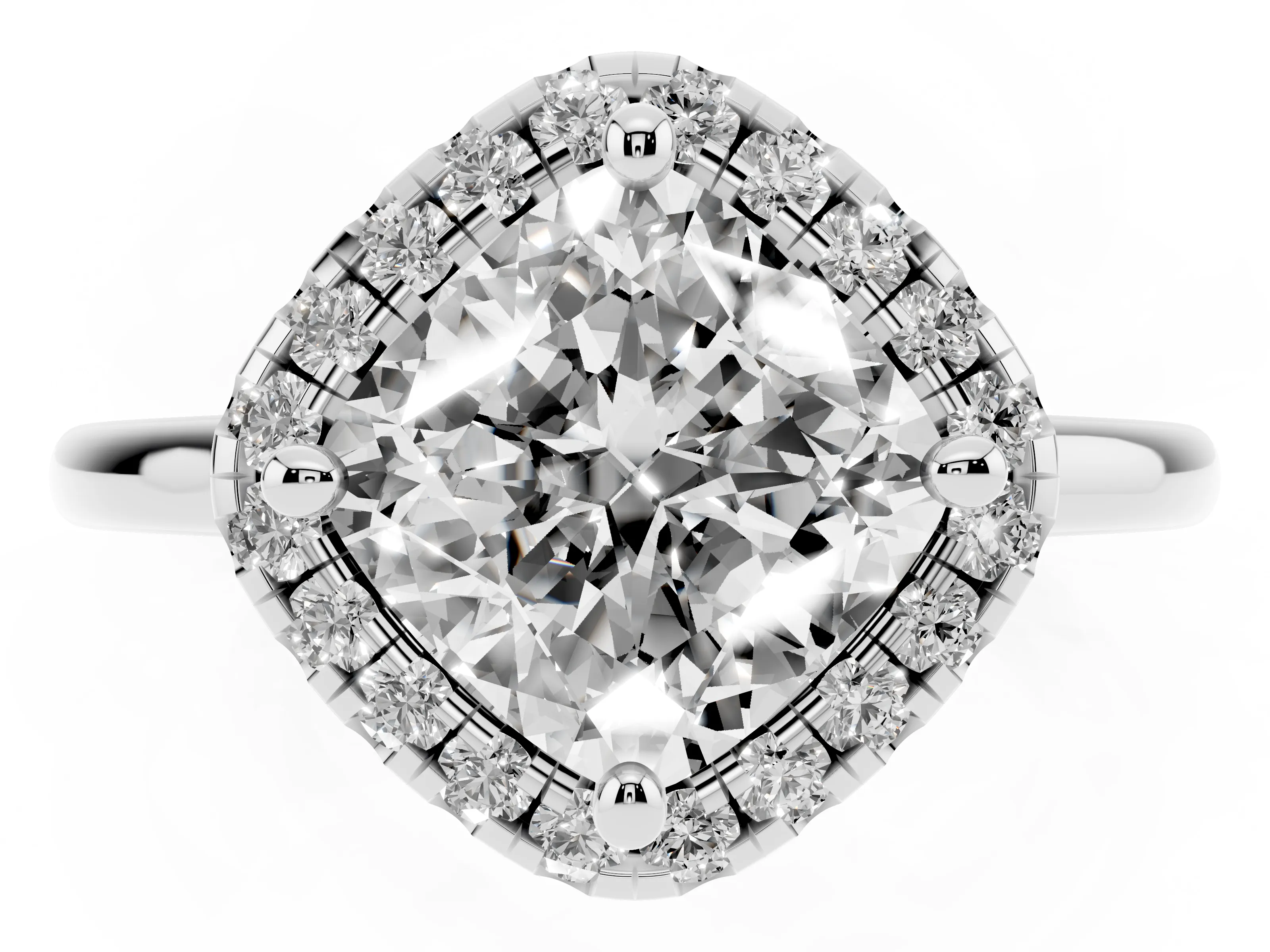 Cushion Cut Diamond Halo Engagement Ring Set in Platinum with Pavé Band and Rising Shoulders