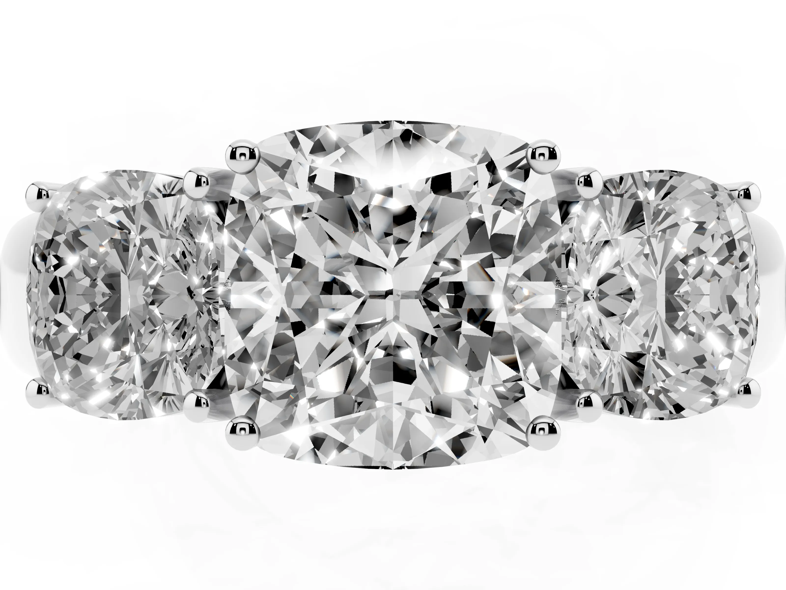 Three-Stone Cushion Cut Diamond Ring Set in Platinum with Matching Prong Settings and Plain Band