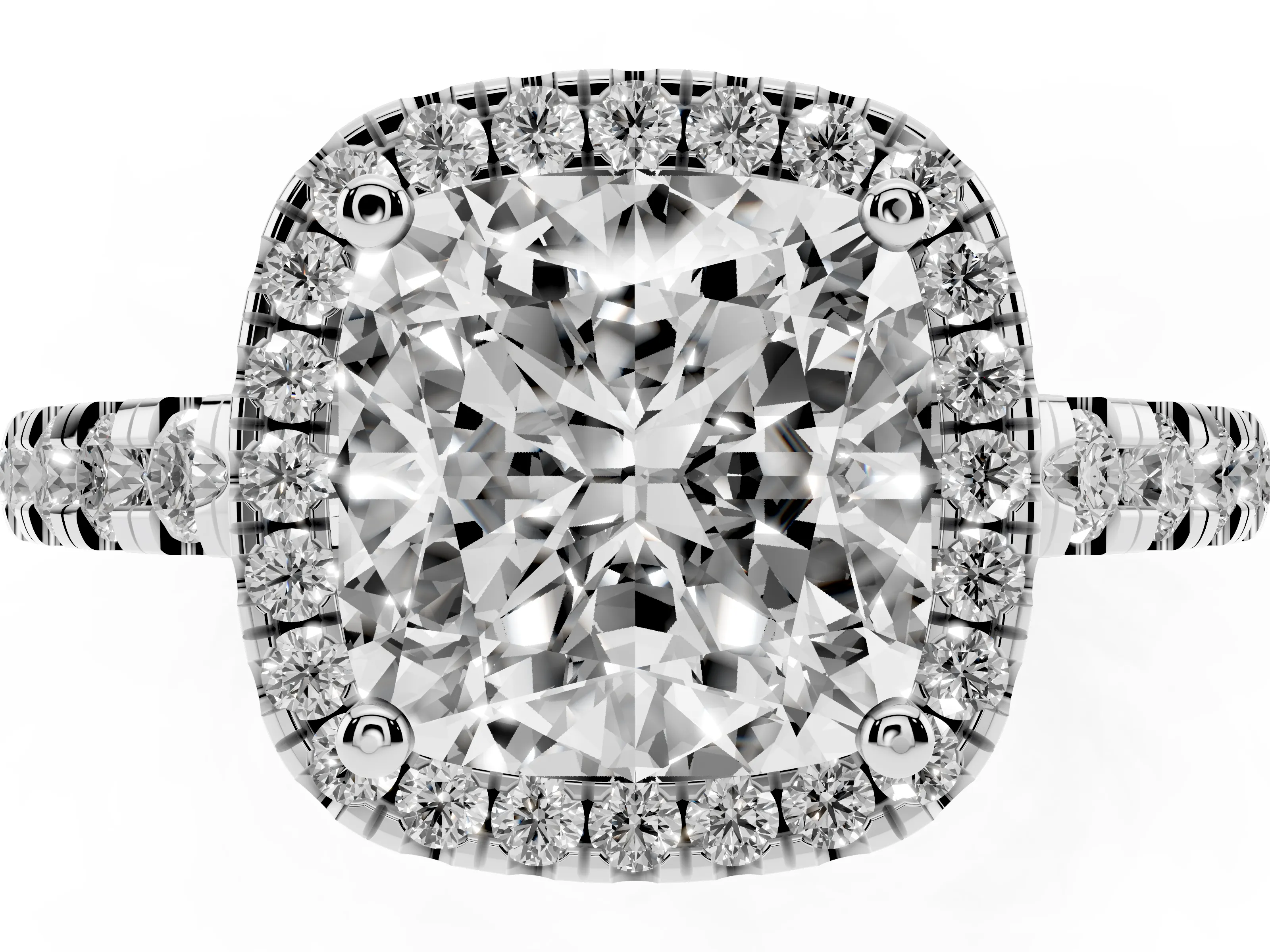 Cushion Cut Diamond Halo Ring Set in Silver with Delicate Pavé Band and Prong Setting