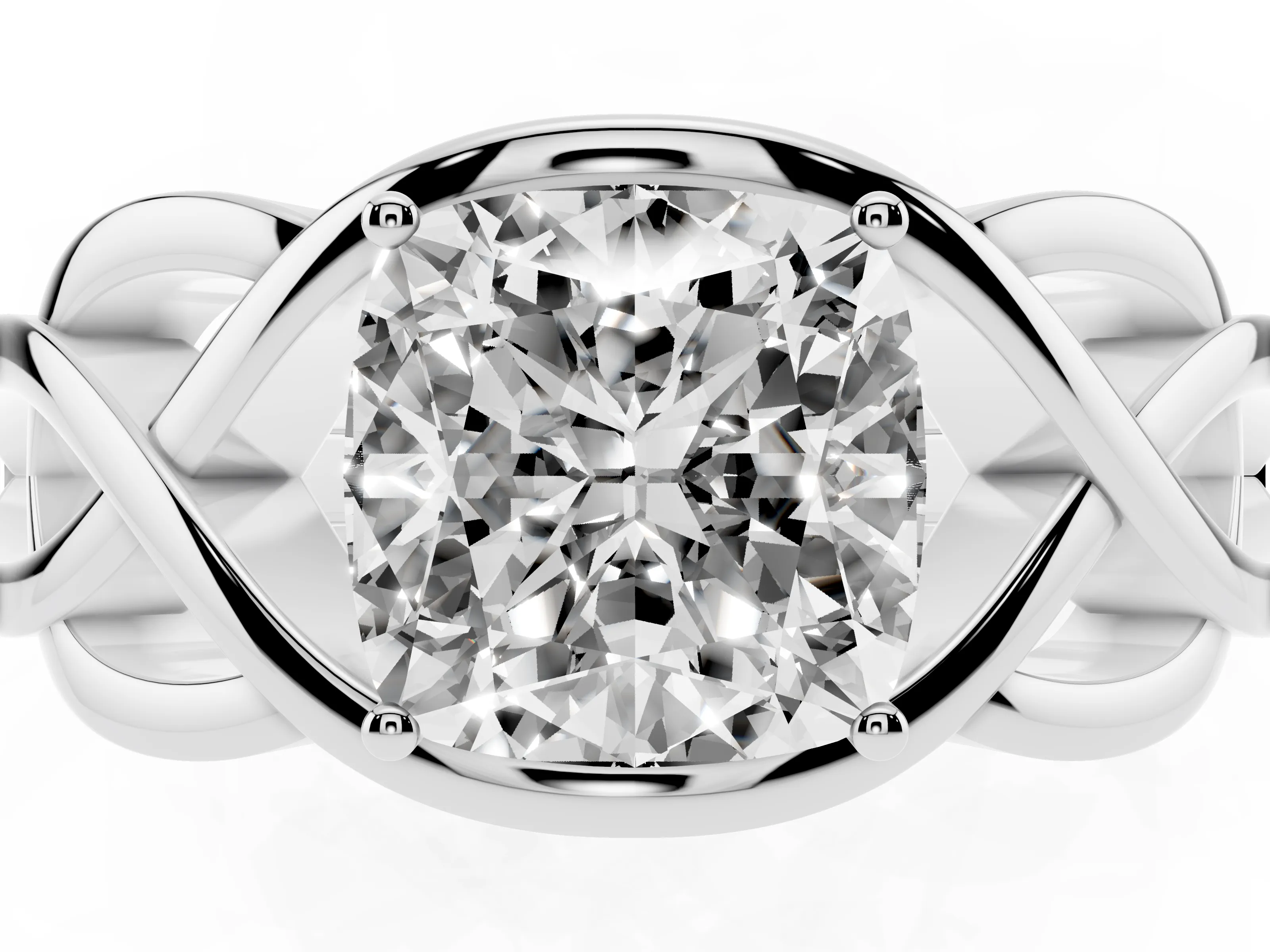 Cushion Cut Diamond Solitaire Ring Set in Platinum with Intertwined Band