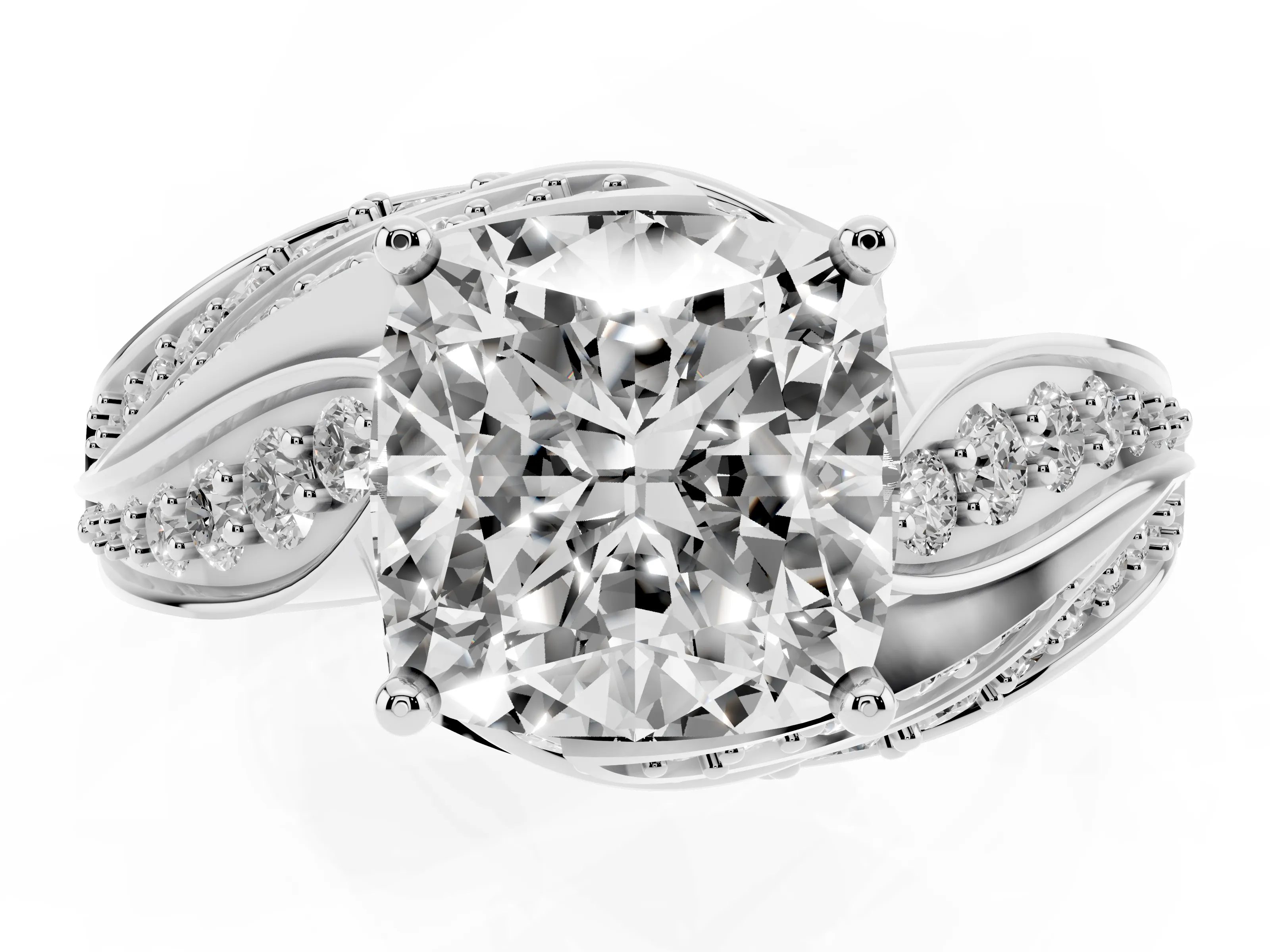 Cushion Cut Diamond Solitaire Ring Set in Platinum with Layered Twist Pavé Band