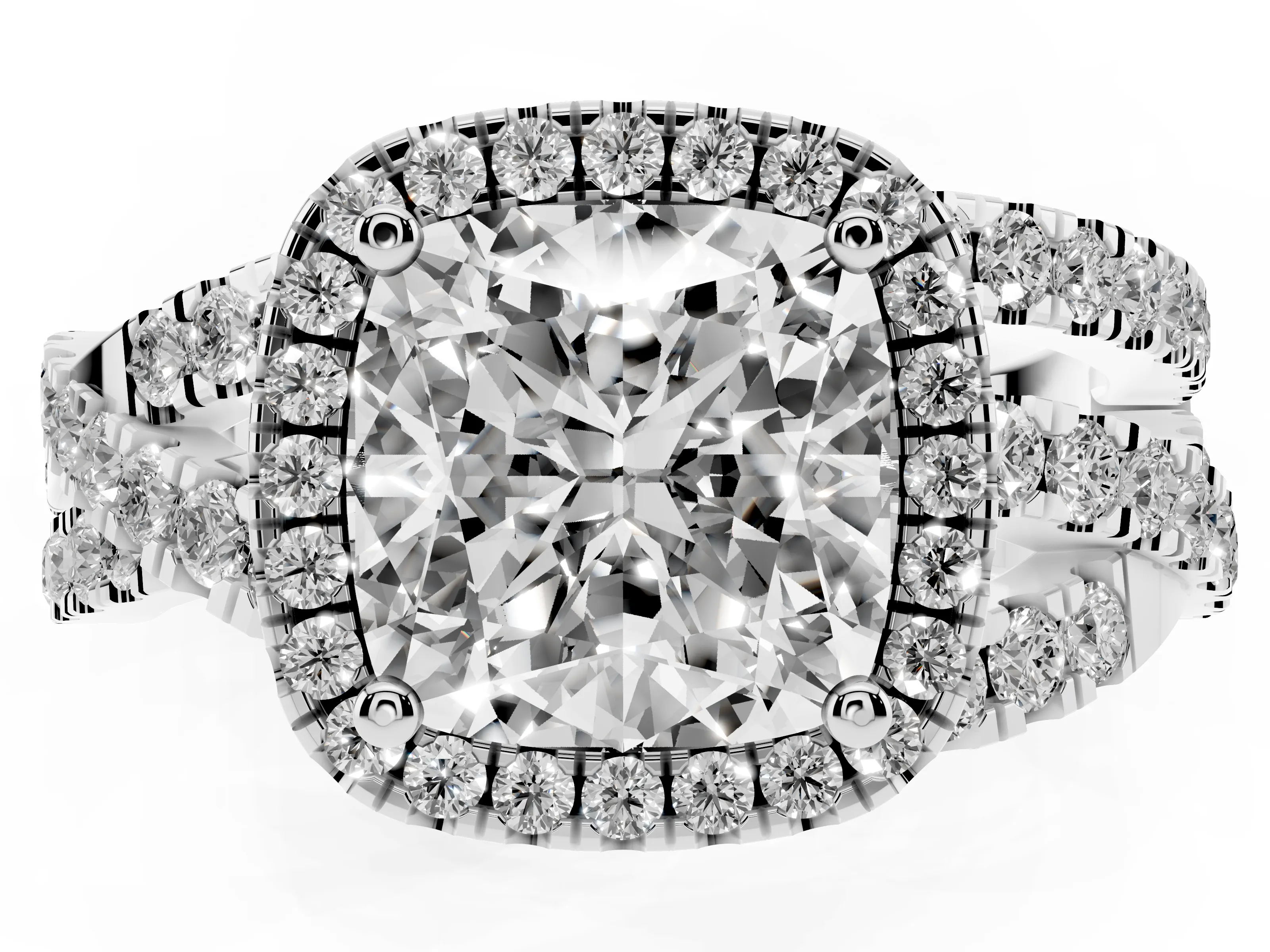 Cushion Cut Diamond Halo Ring Set in Platinum with Round Crossover Split Shank and Prong Setting