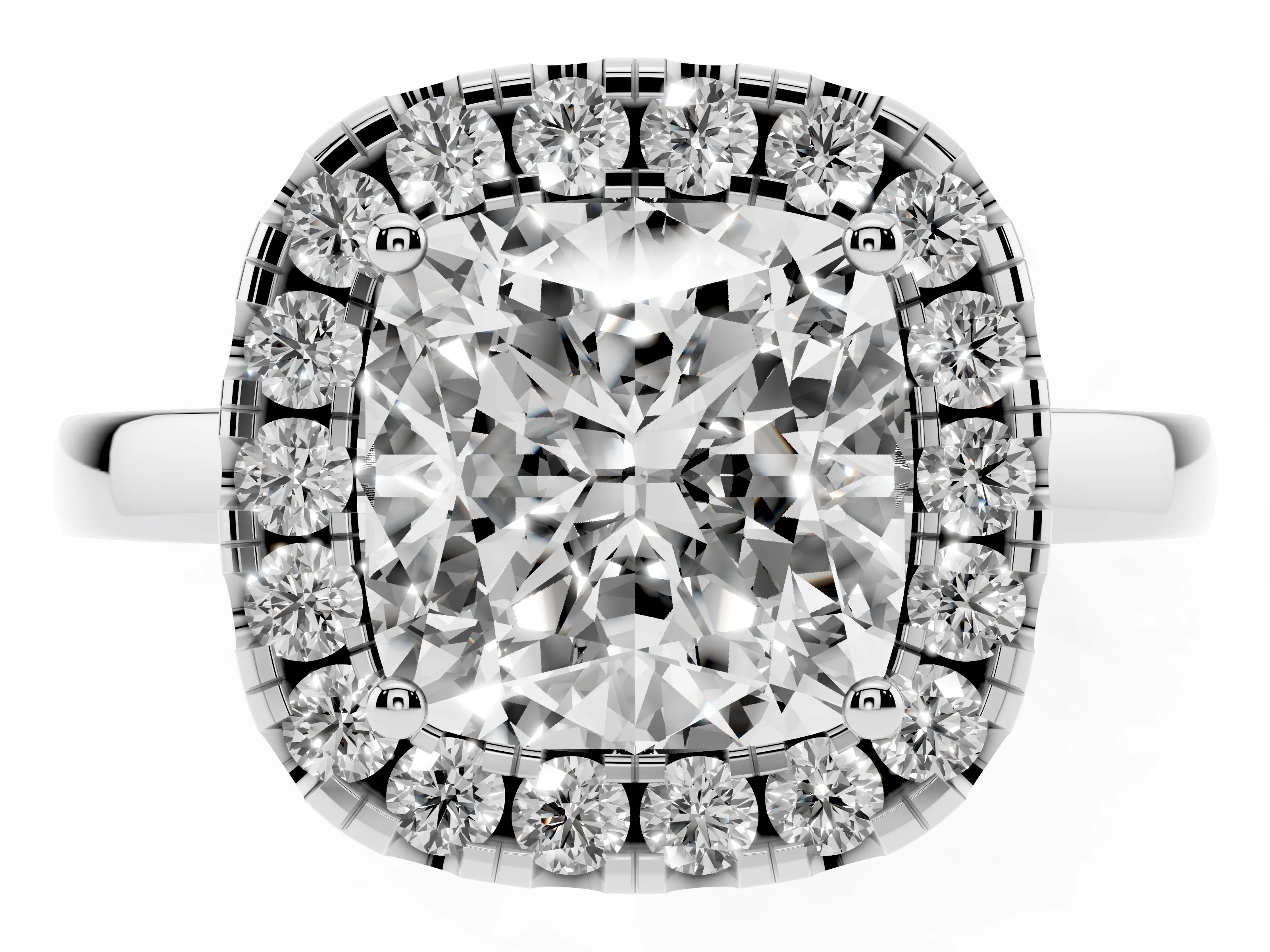 Cushion Cut Diamond Halo Solitaire Ring Set in White gold with Pavé Band and Prong Setting