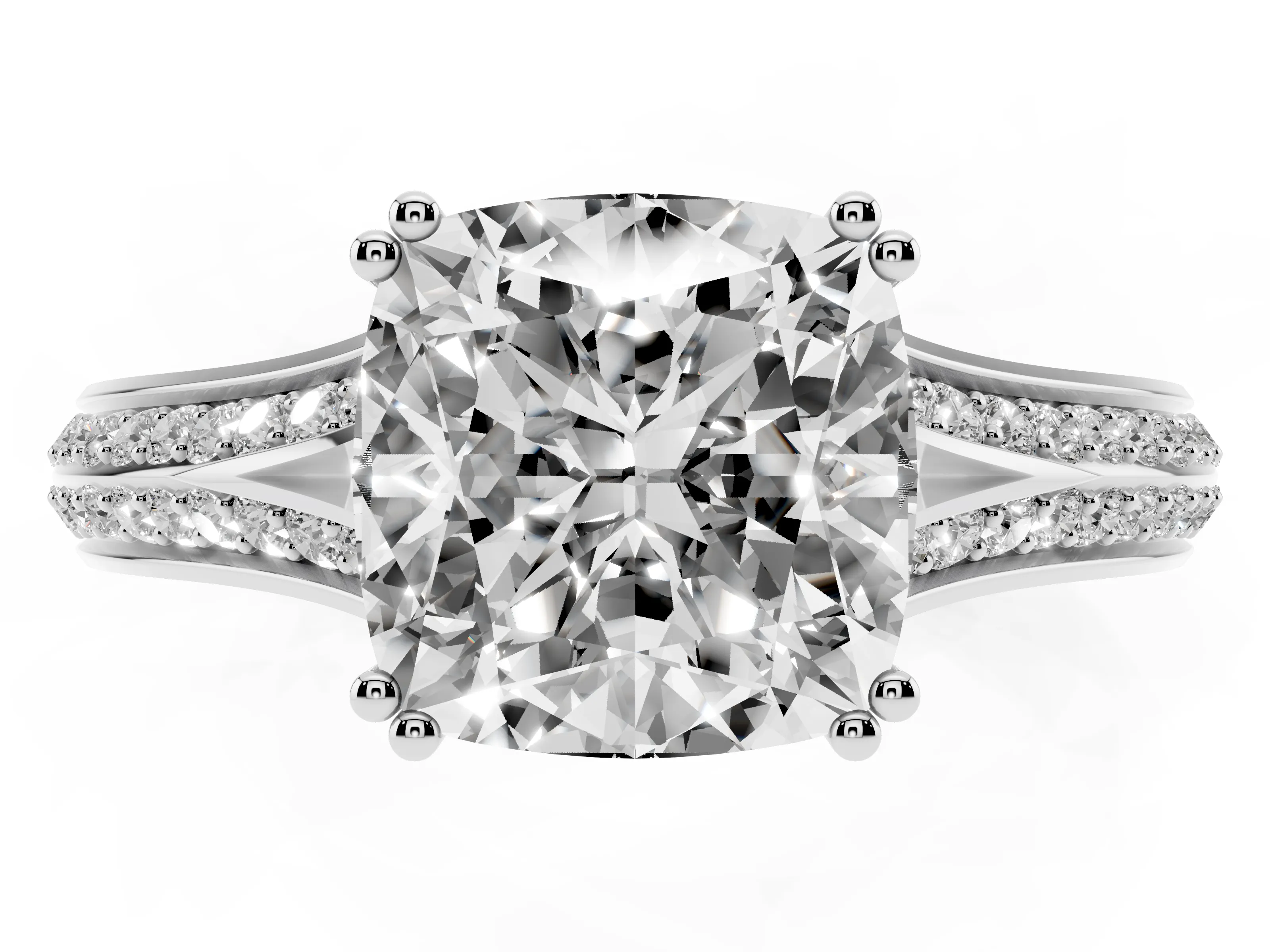 Cushion Cut Diamond Split Shank Pavé Engagement Ring Set in Platinum with Prong-Set Center Stone