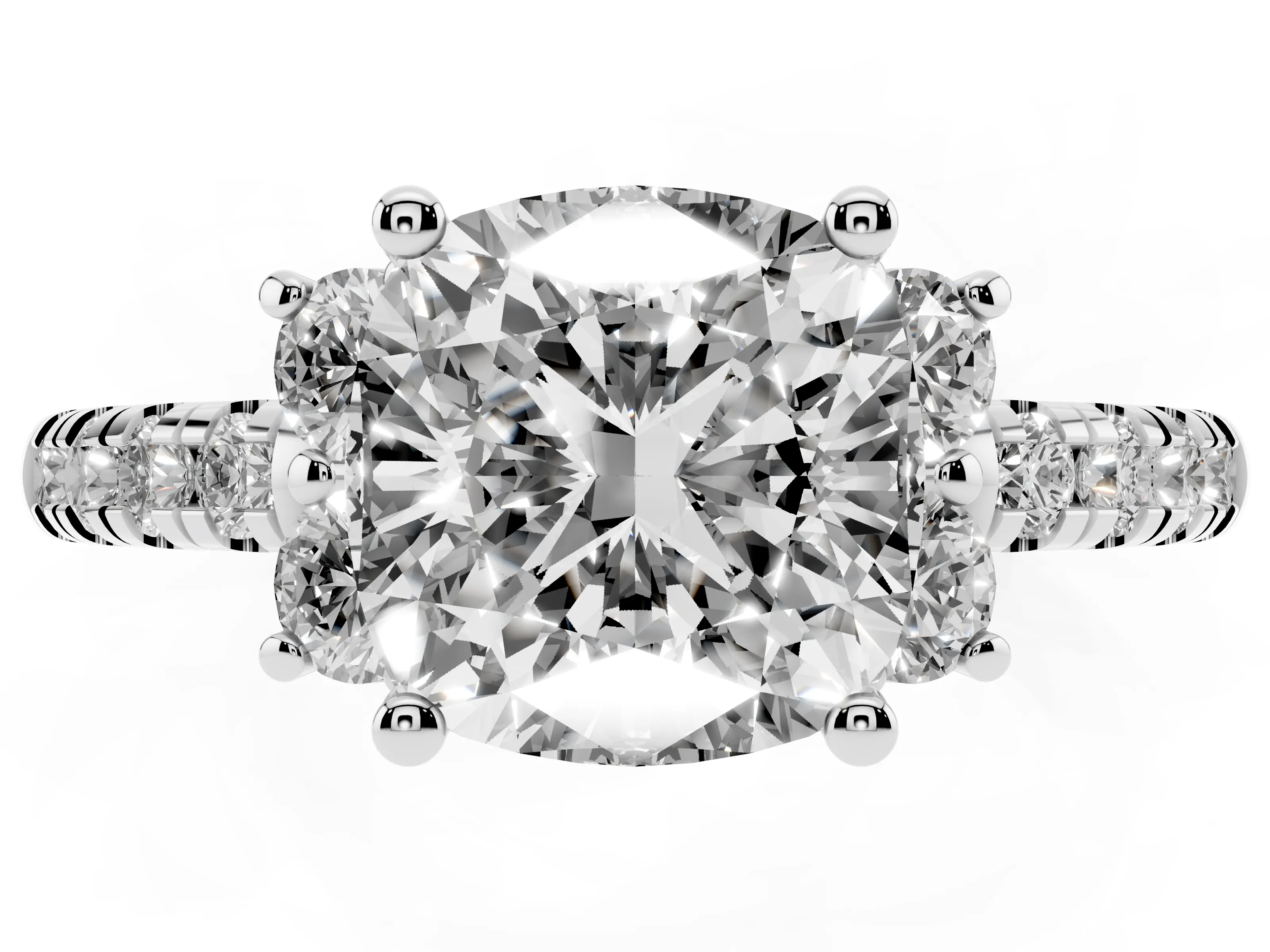 Cushion Cut Diamond Three-Stone Pavé Ring Set in Silver with Prong Setting