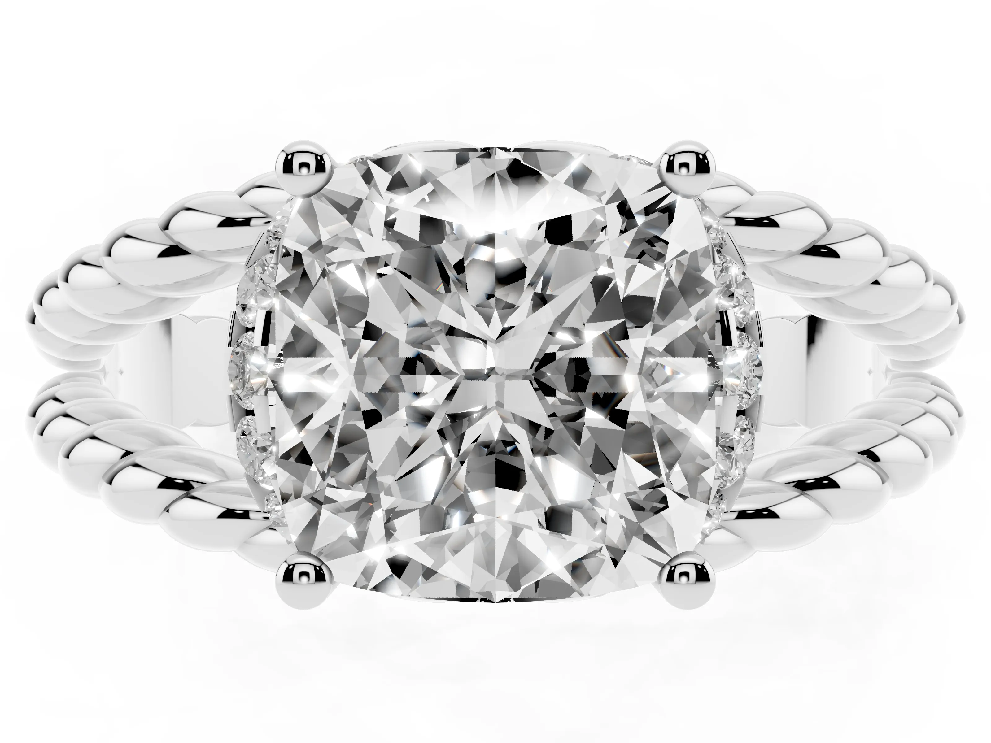 Cushion Cut Diamond Halo Ring Set in Platinum with Twisted Band and Prong Setting