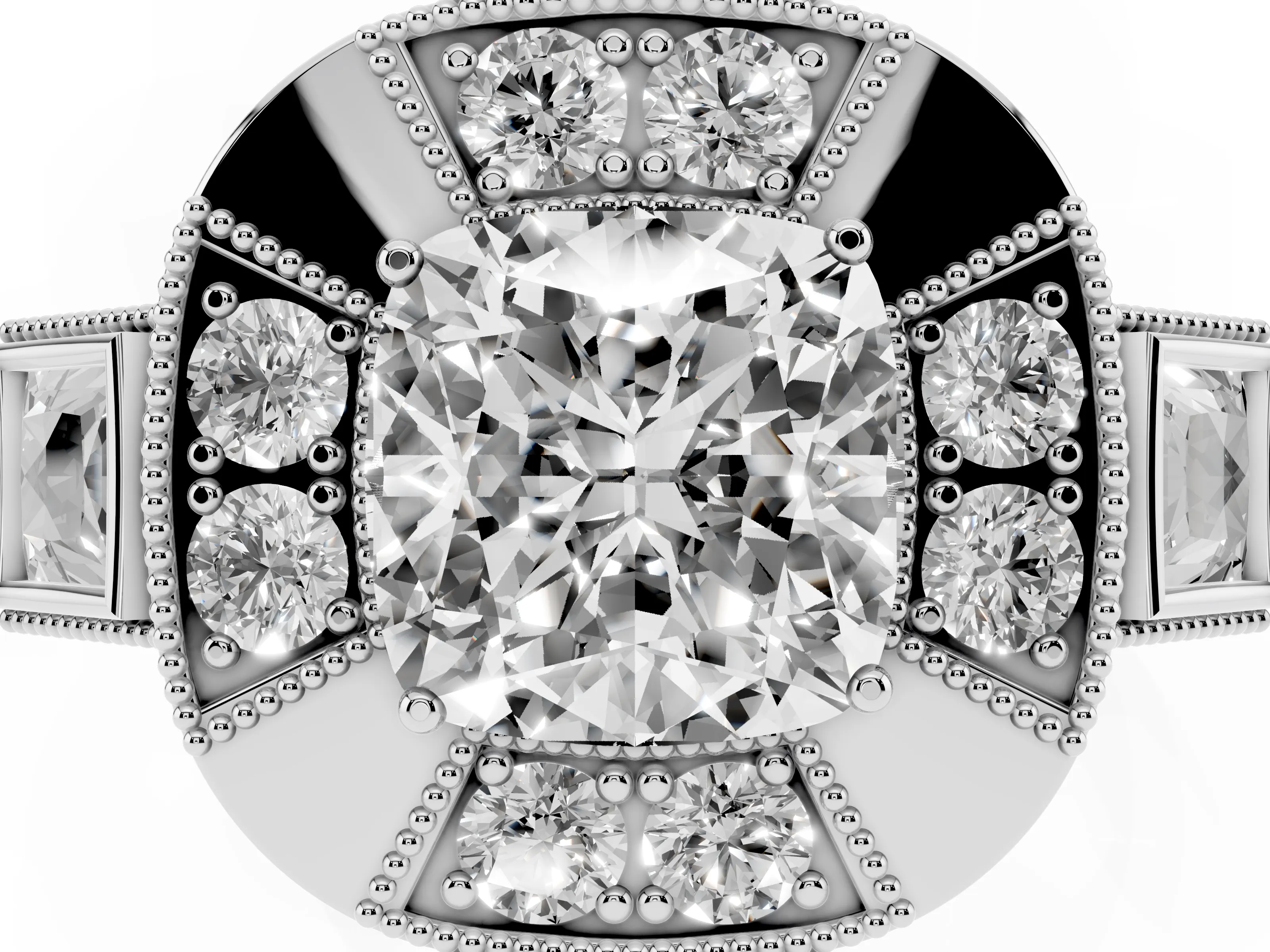 Cushion Cut Diamond Milgrain Halo Ring Set in Silver with Split Shank