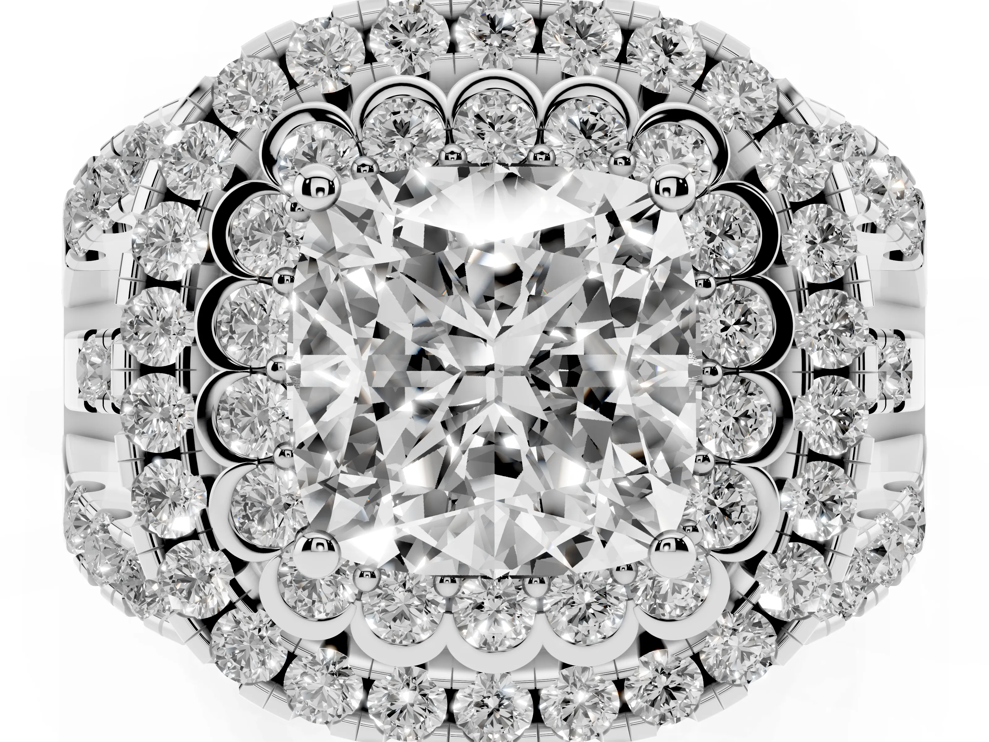 Cushion Cut Diamond Double Halo Ring Set in Silver with Round Pavé Split Shank