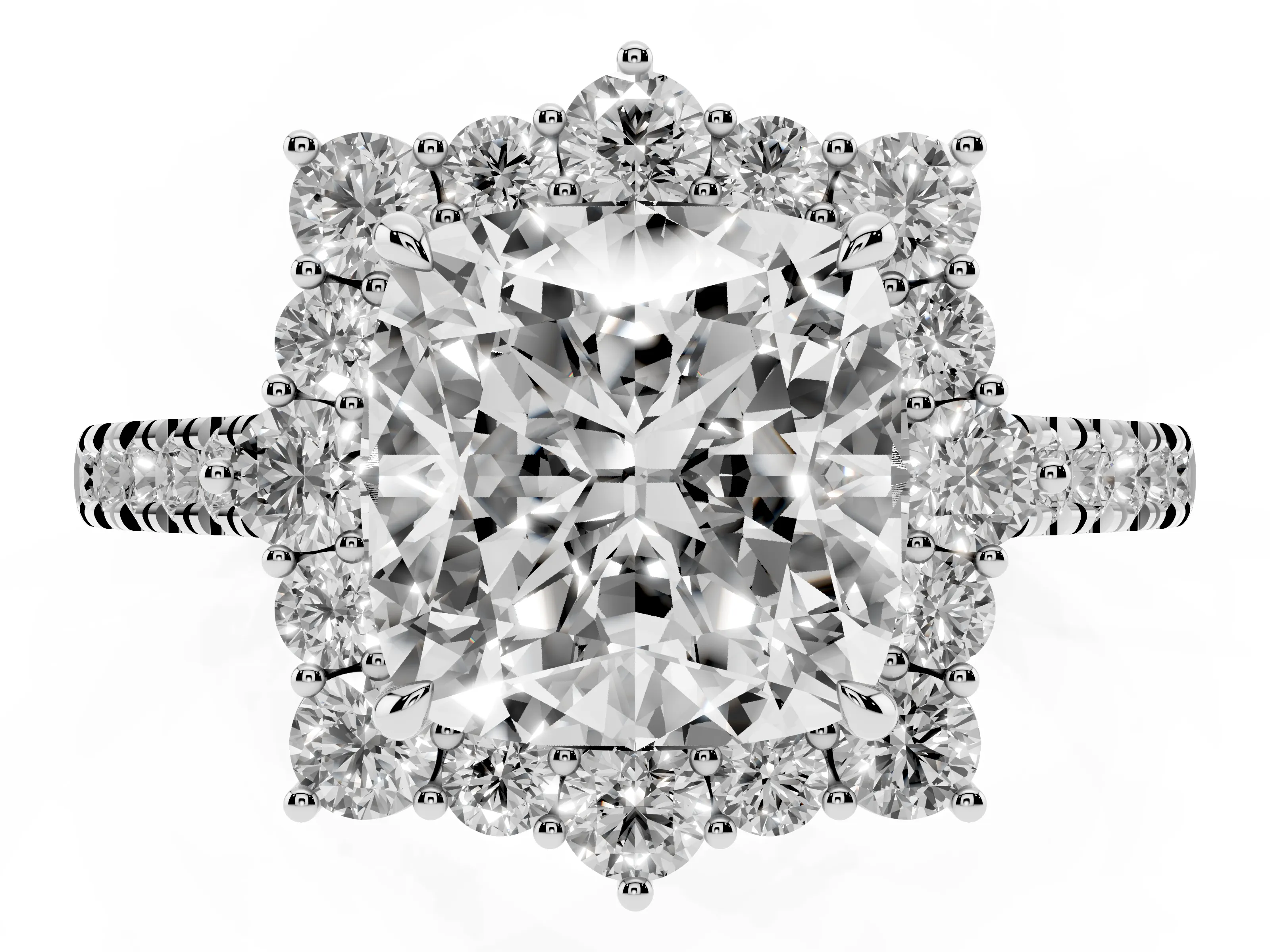 Cushion Cut Diamond Halo Ring Set in Silver with Pavé Band and Prong Setting