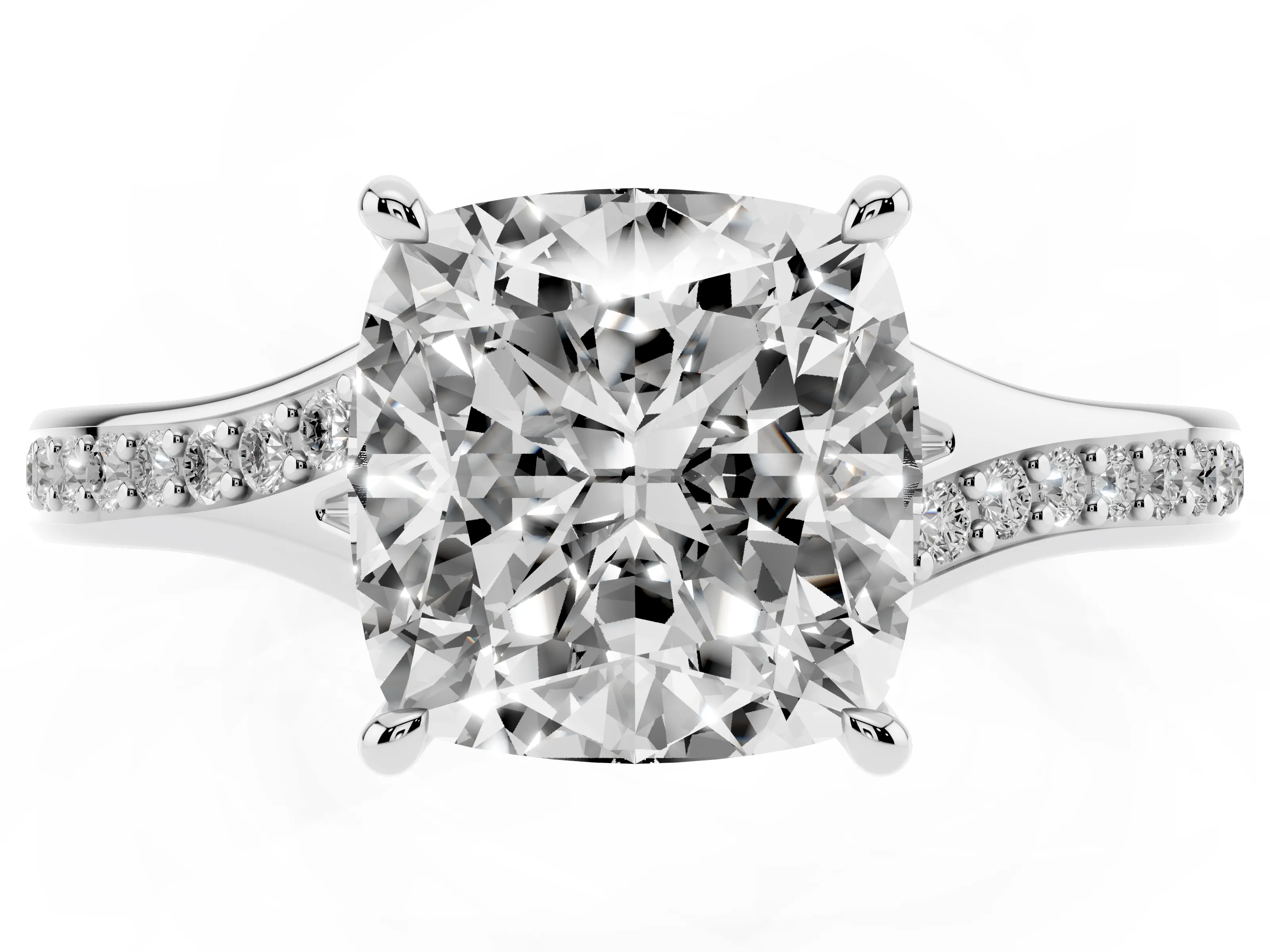 Cushion Cut Diamond Solitaire Ring Set in Silver with Pavé Accent Band and Classic Prong Setting