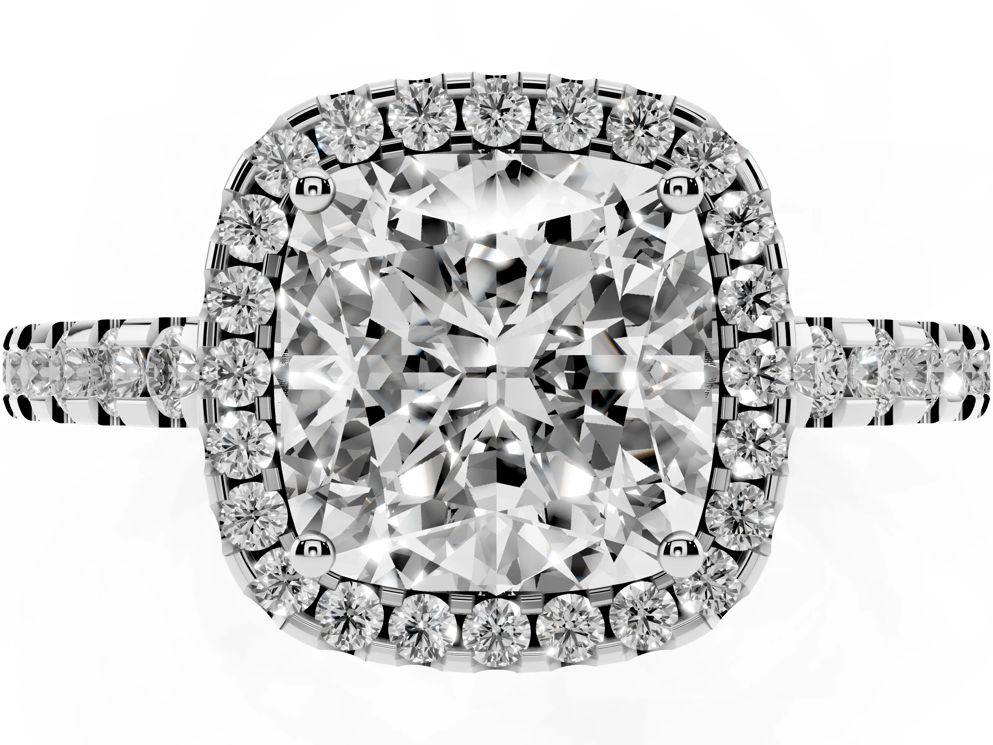 Cushion Cut Diamond Halo Ring Set in Platinum with Pavé Shoulders and Halo-Framed Center