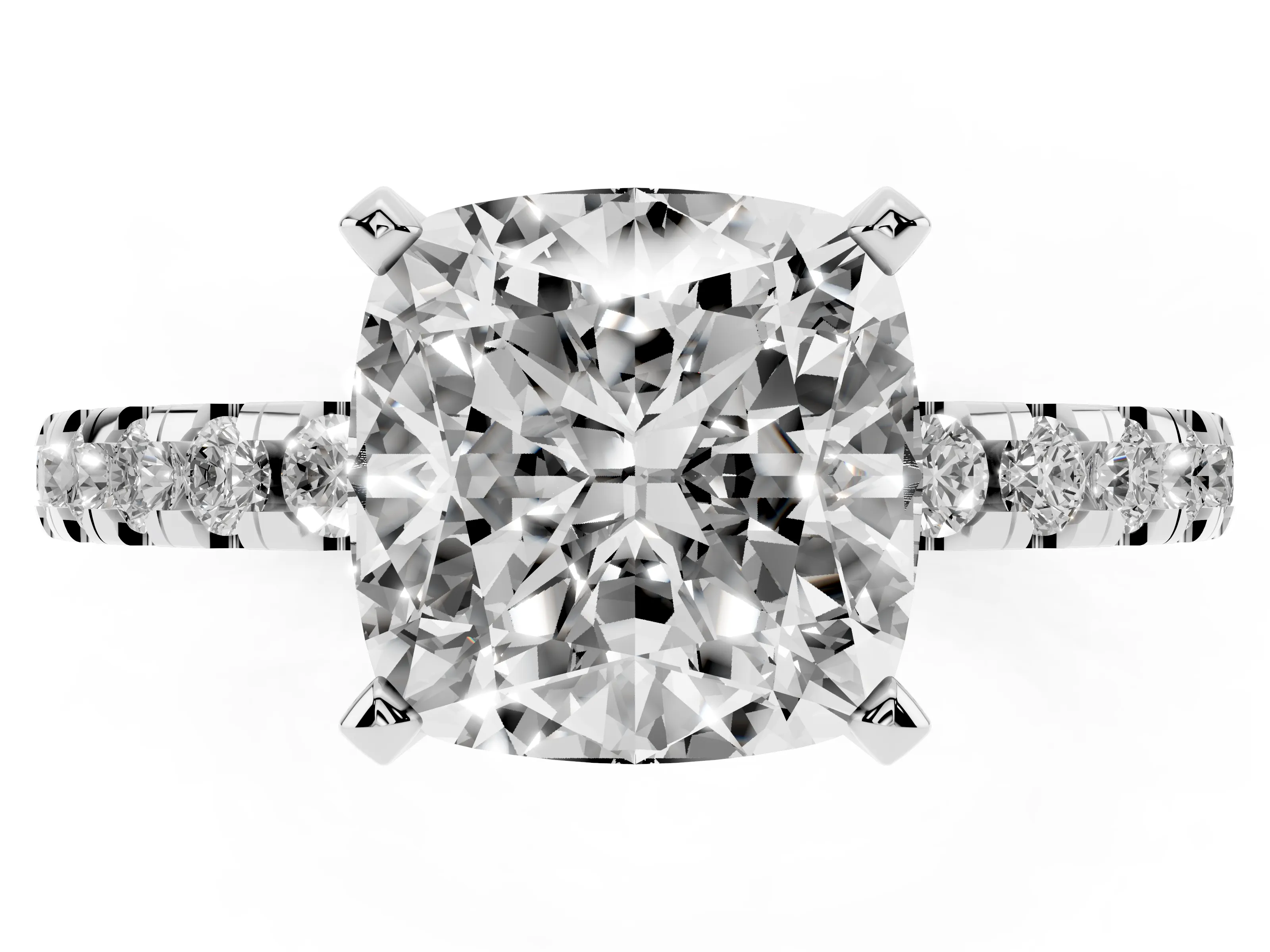 Cushion Cut Diamond Pavé Solitaire Ring Set in Platinum with Round Band Accents and Prong Setting