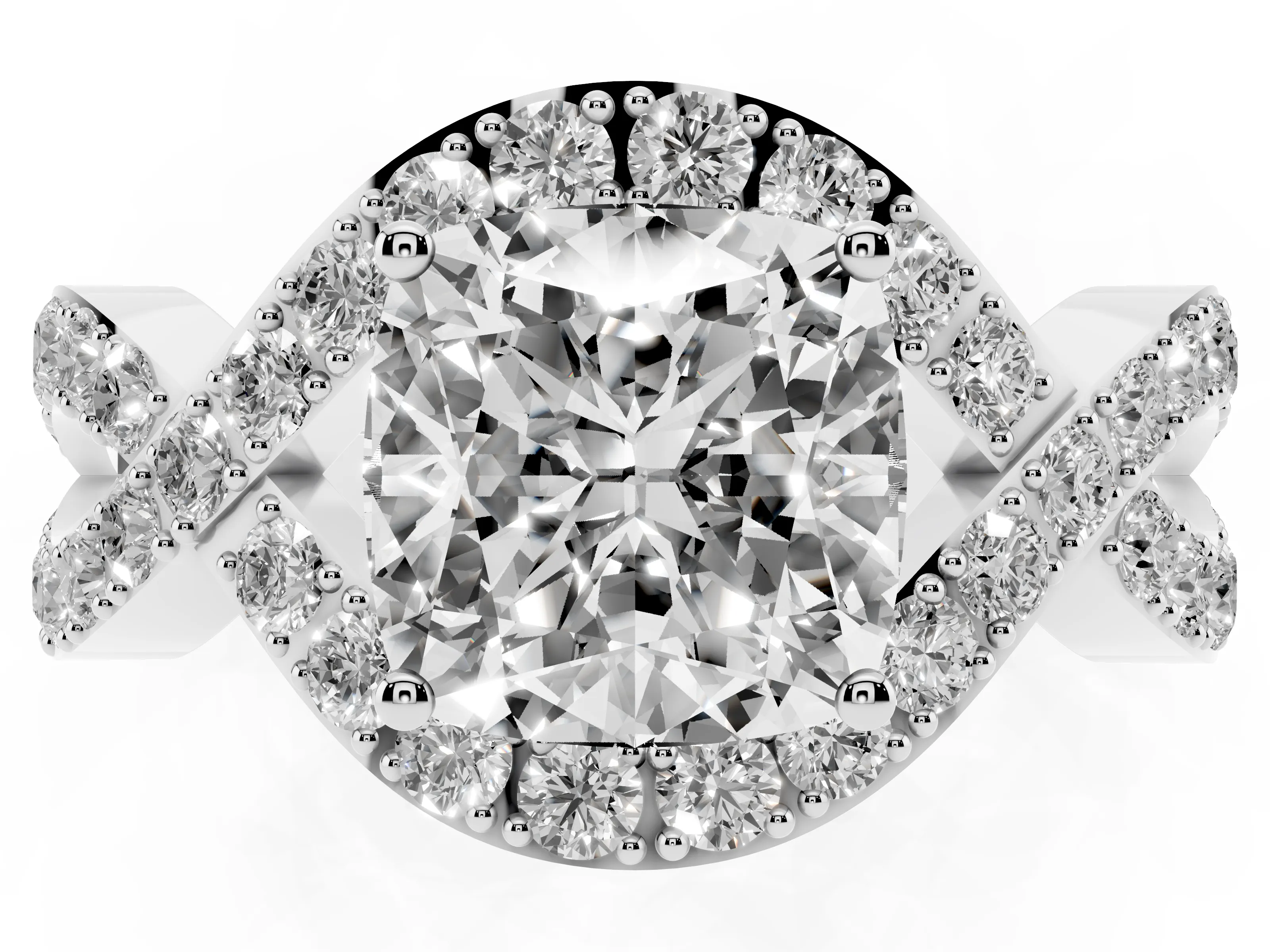 Cushion Cut Diamond Solitaire Twist Band Pavé Engagement Ring Set in Platinum