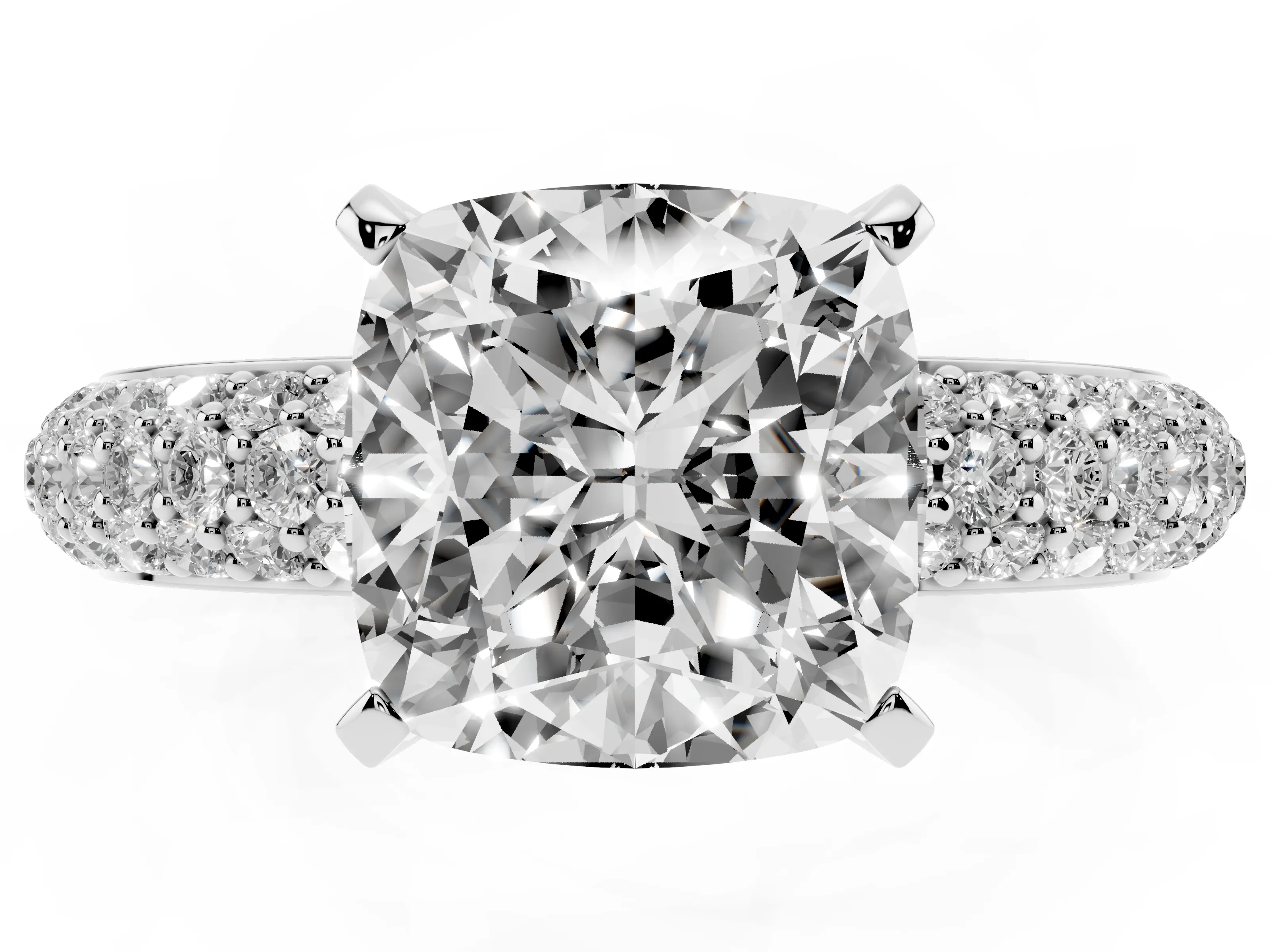 Cushion Cut Diamond Solitaire Ring Set in White gold with Prong Setting and Pavé-Set Band