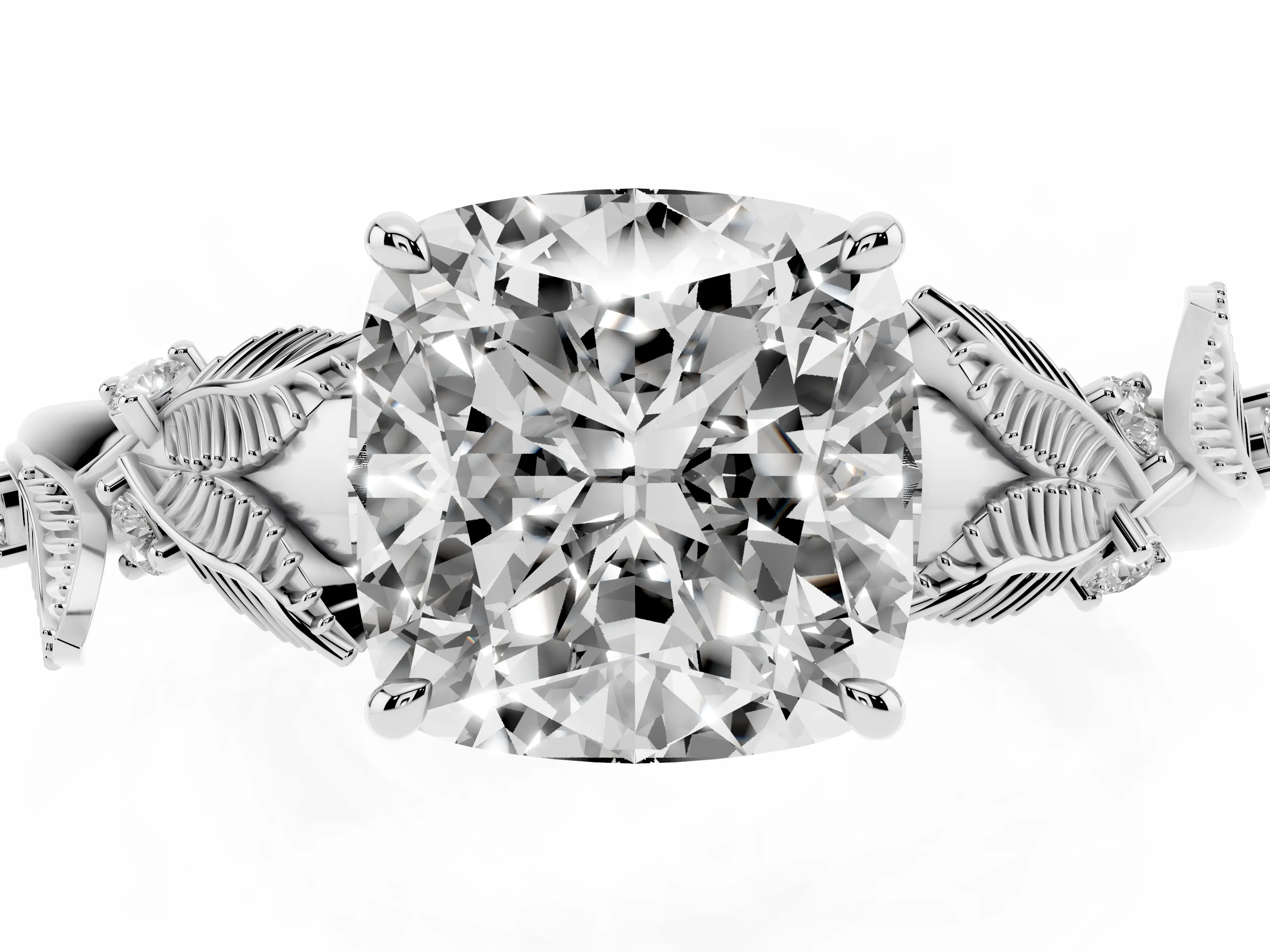 Cushion Cut Diamond Solitaire Ring Set in White gold with Leaf Motif Band