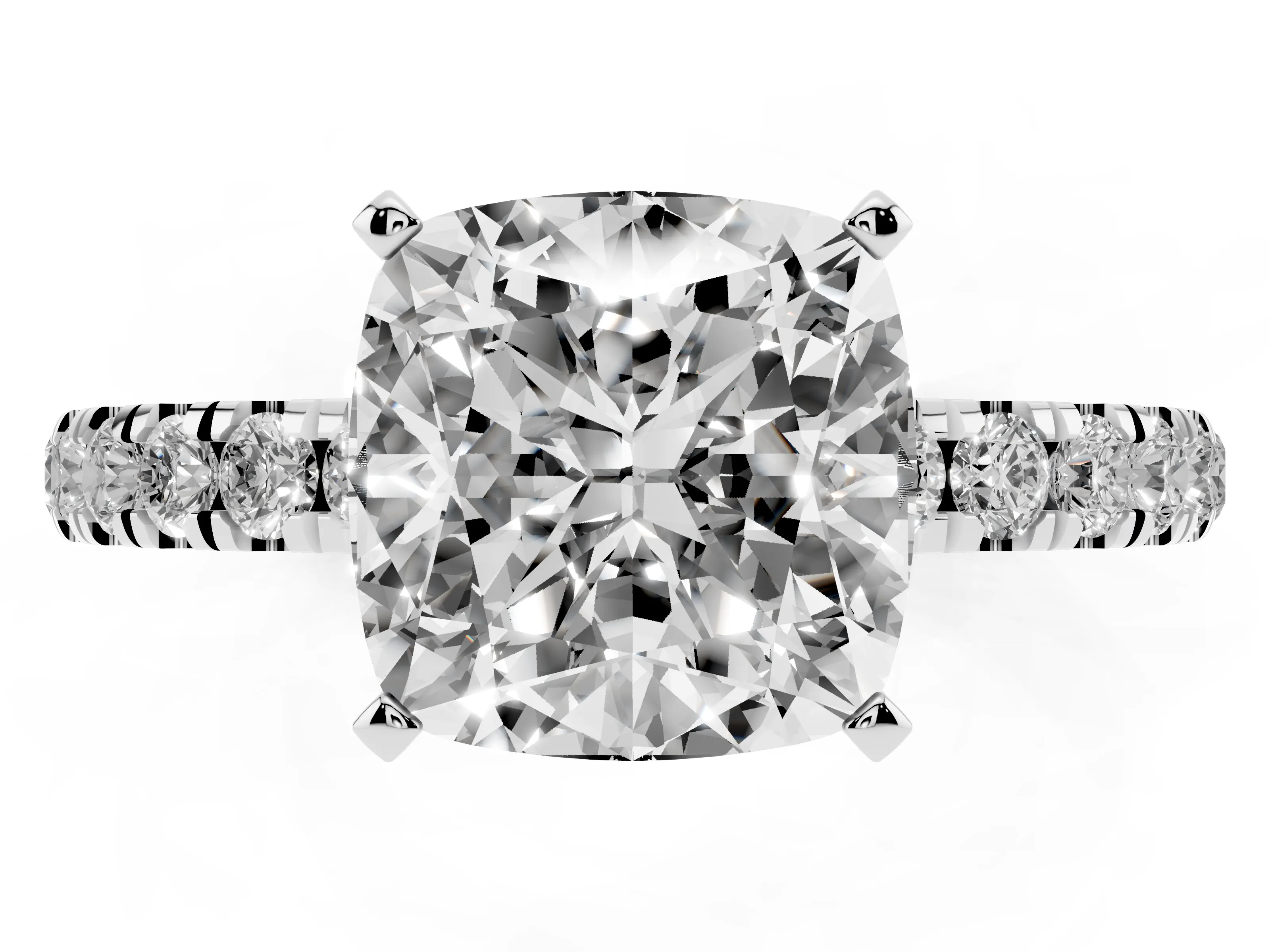 Cushion Cut Diamond Solitaire Ring Set in White gold with Pavé Accents and Prong Setting