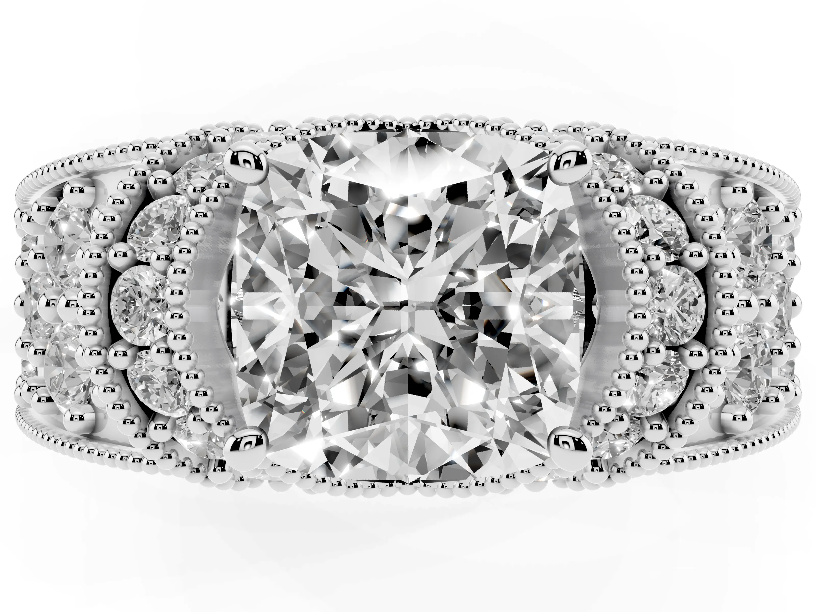 Cushion Cut Diamond Milgrain Halo Pavé Engagement Ring Set in Silver with Prong Setting