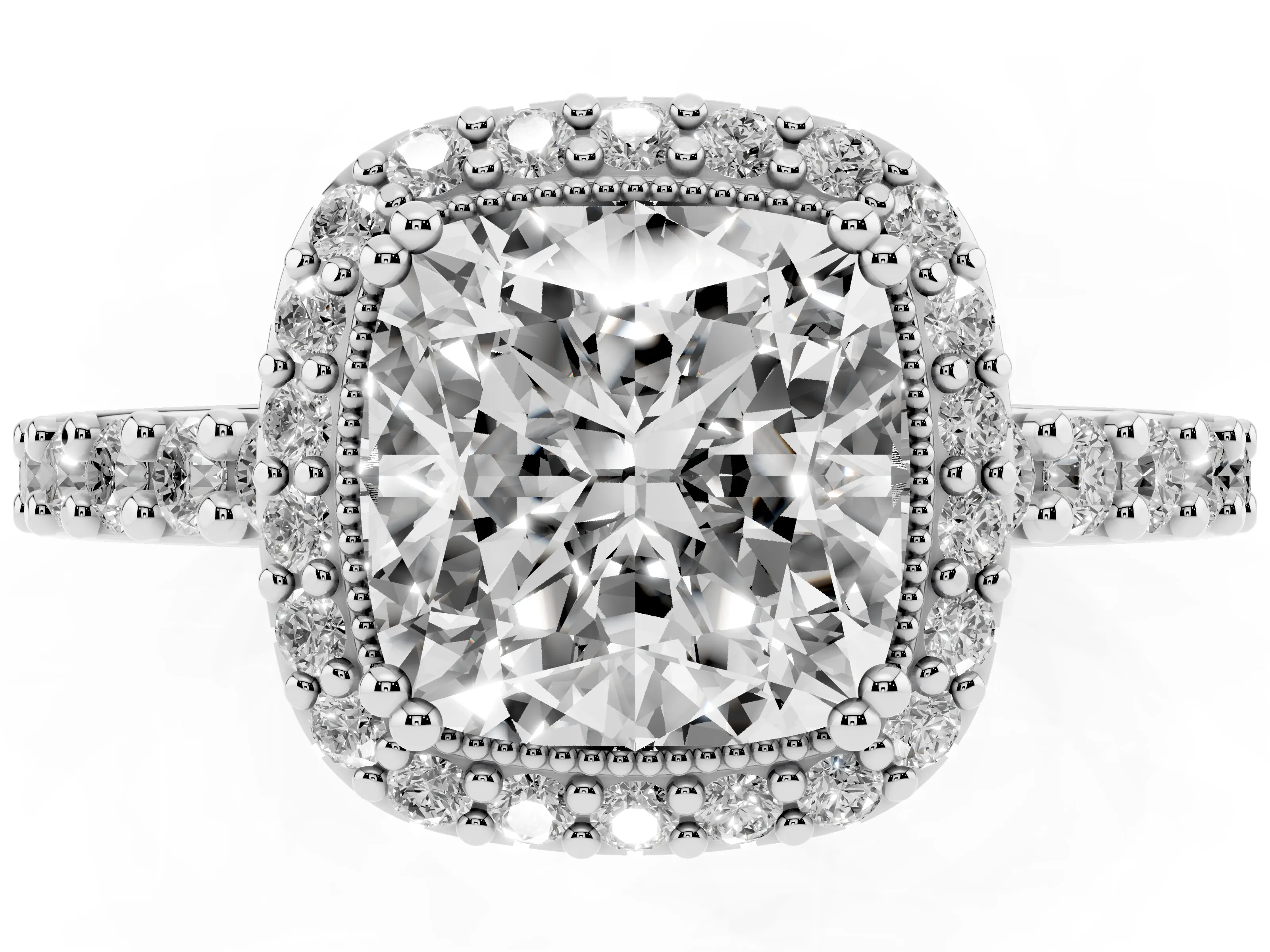Cushion Cut Diamond Halo Engagement Ring Set in White gold with Milgrain Detail and Pavé Band
