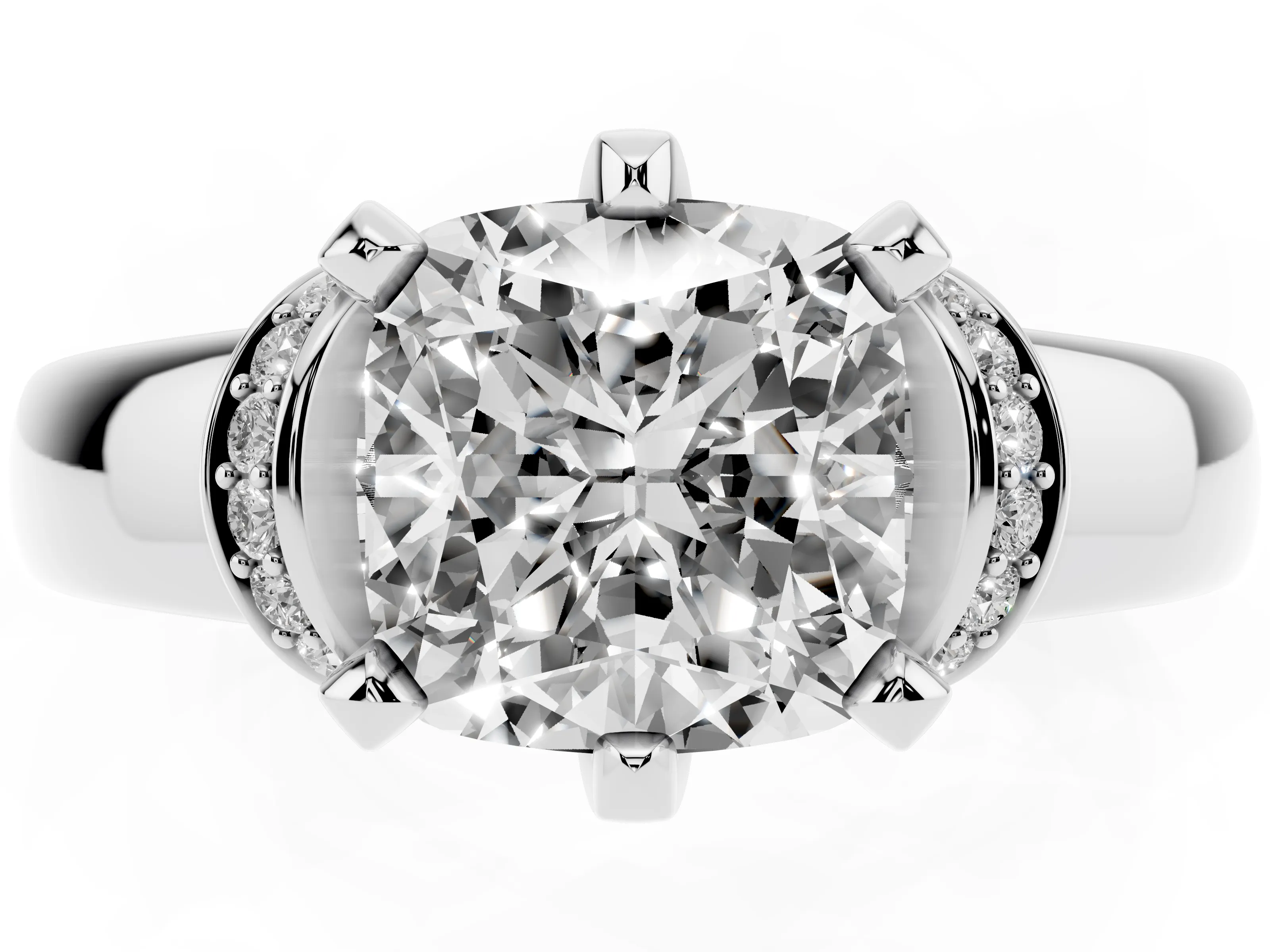 Cushion Cut Diamond Pavé Band Solitaire Ring Set in White gold with Prong Setting