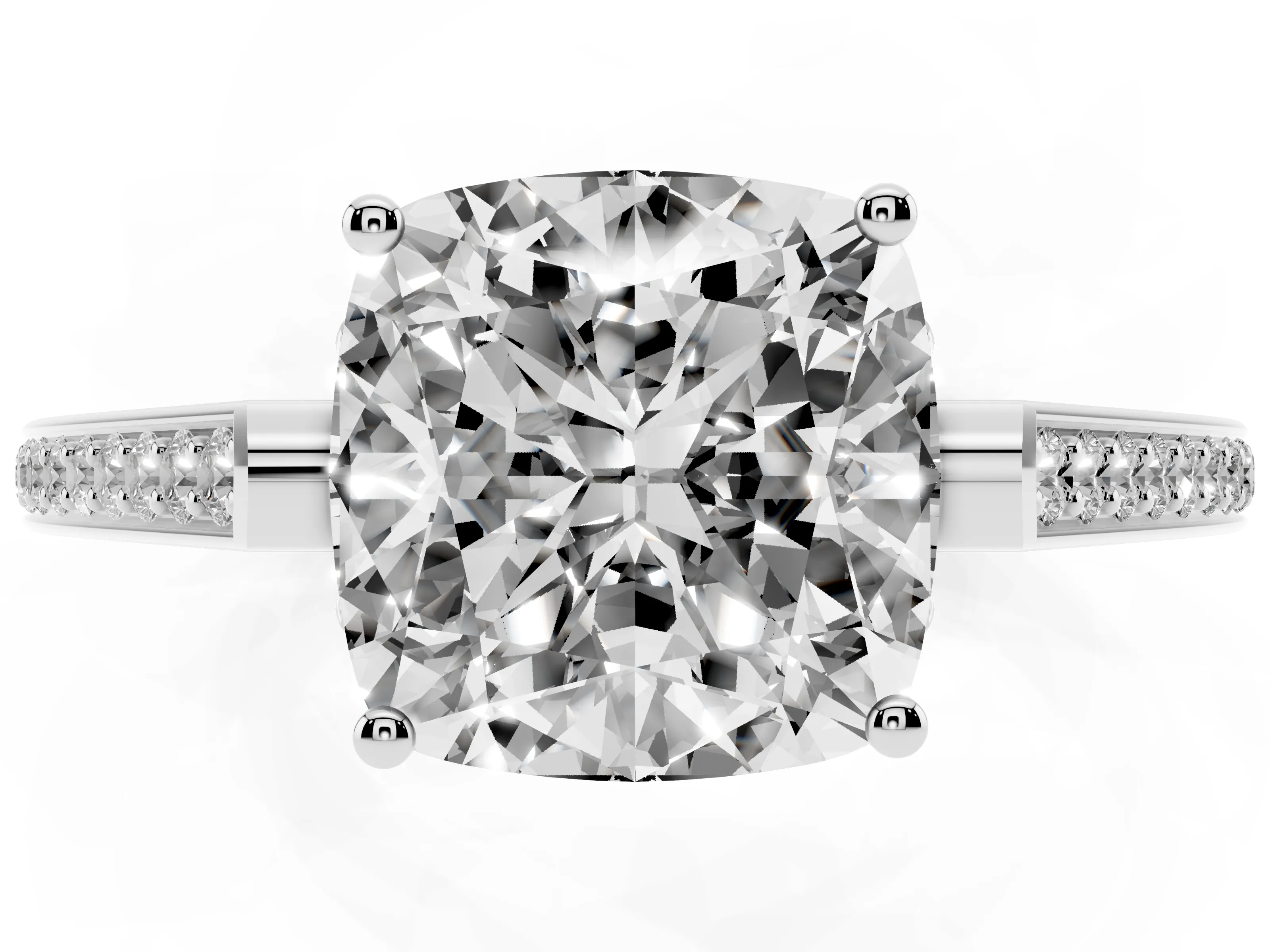 Cushion Cut Diamond Cathedral Pavé Engagement Ring Set in White gold with Prong Setting