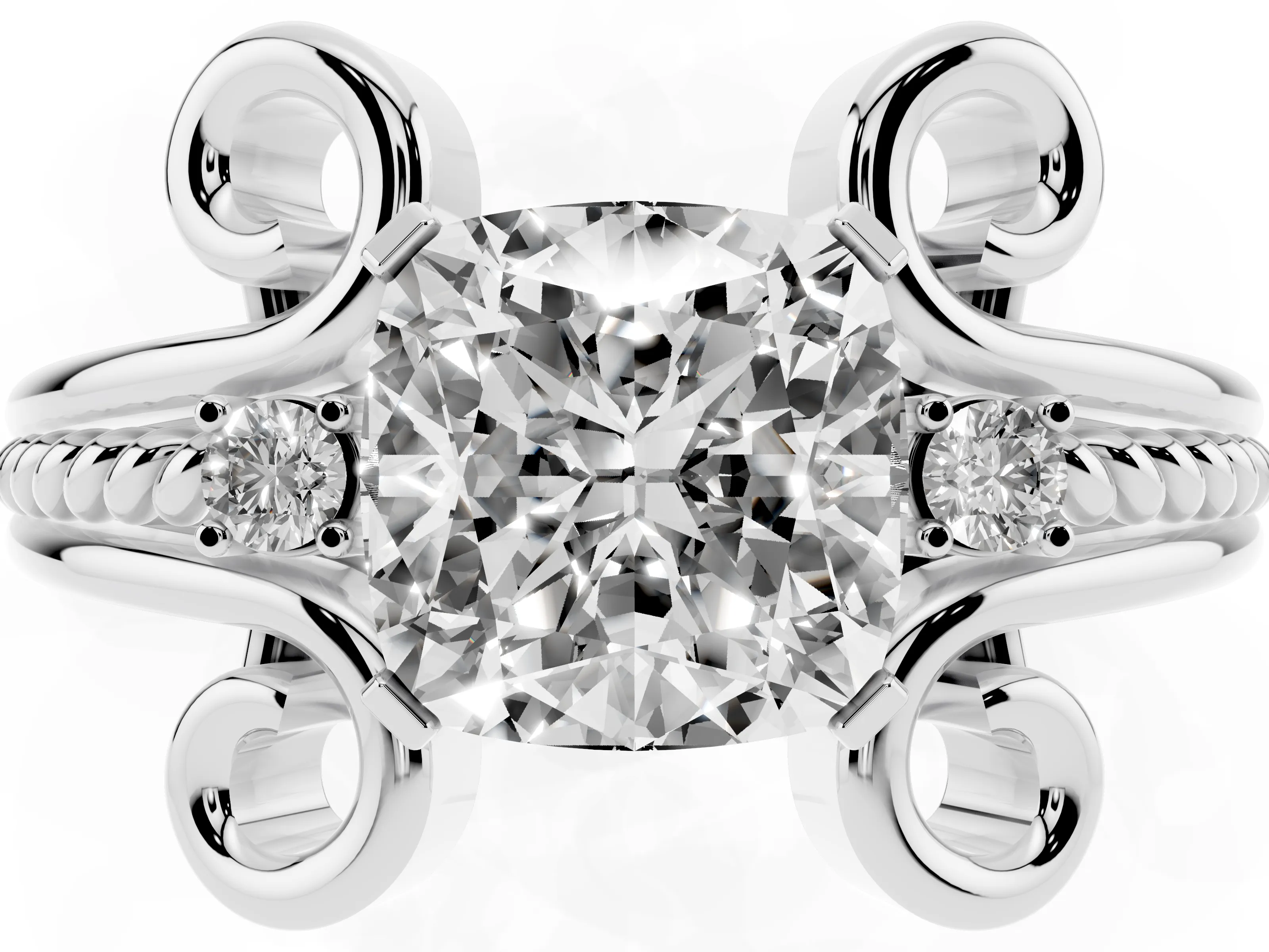 Cushion Cut Diamond Twisted Band Solitaire Ring Set in White gold with Scroll Prongs