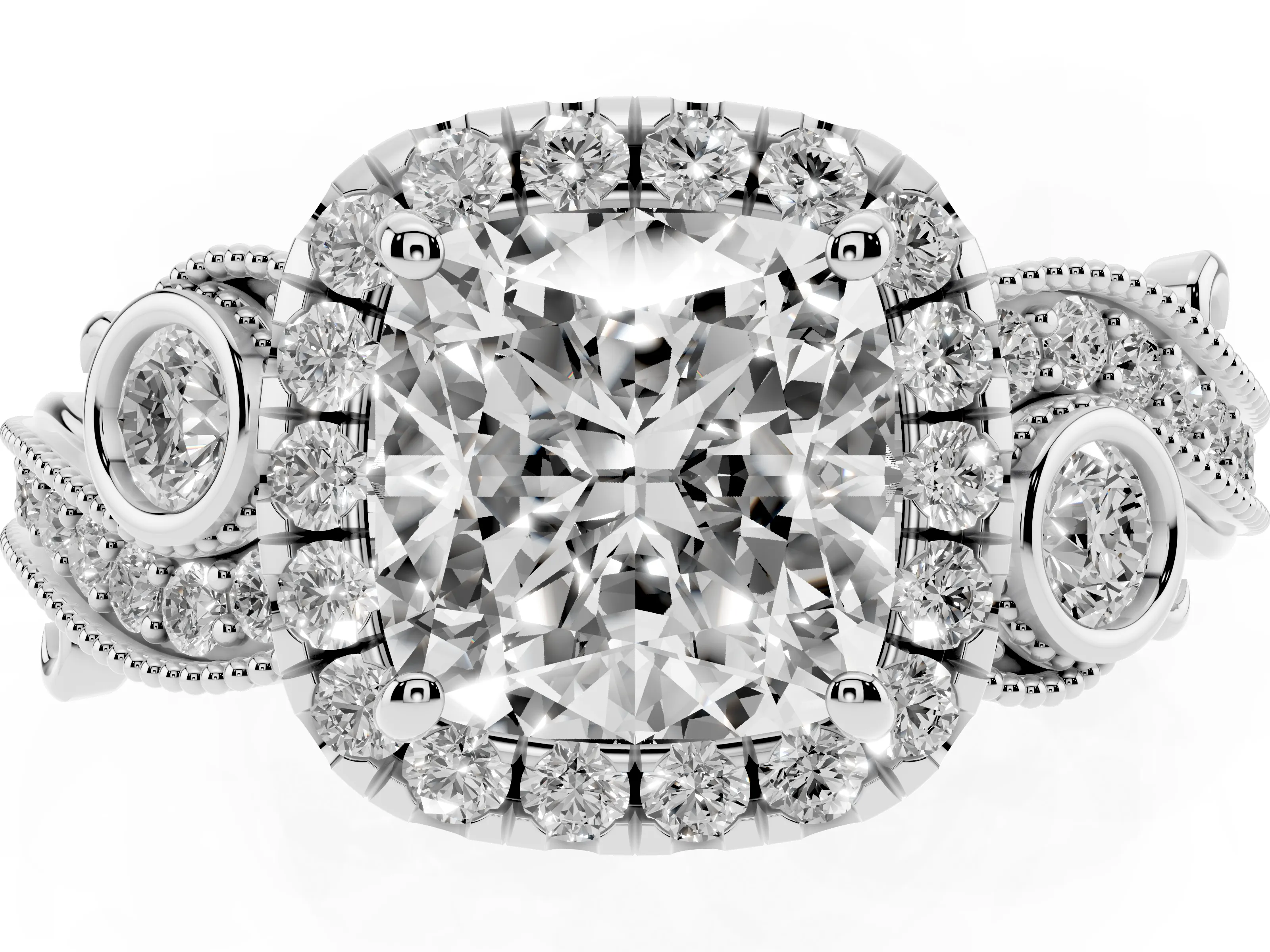 Cushion Cut Diamond Halo Ring Set in Platinum with Milgrain Pavé Band and Prong Setting