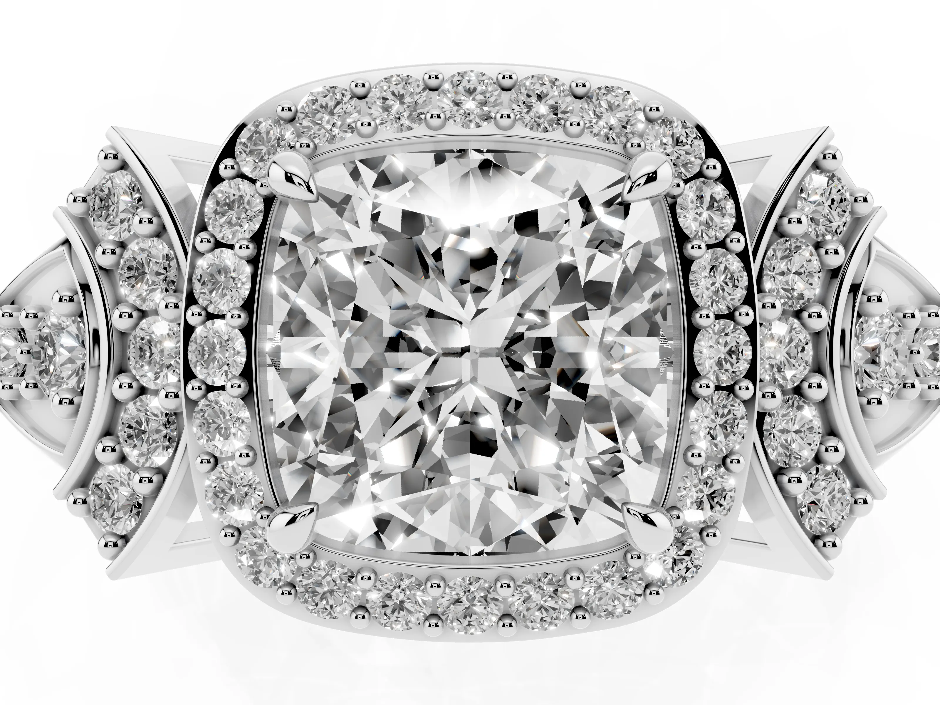 Cushion Cut Diamond Halo Engagement Ring Set in White gold with Accent Stone Split Shank
