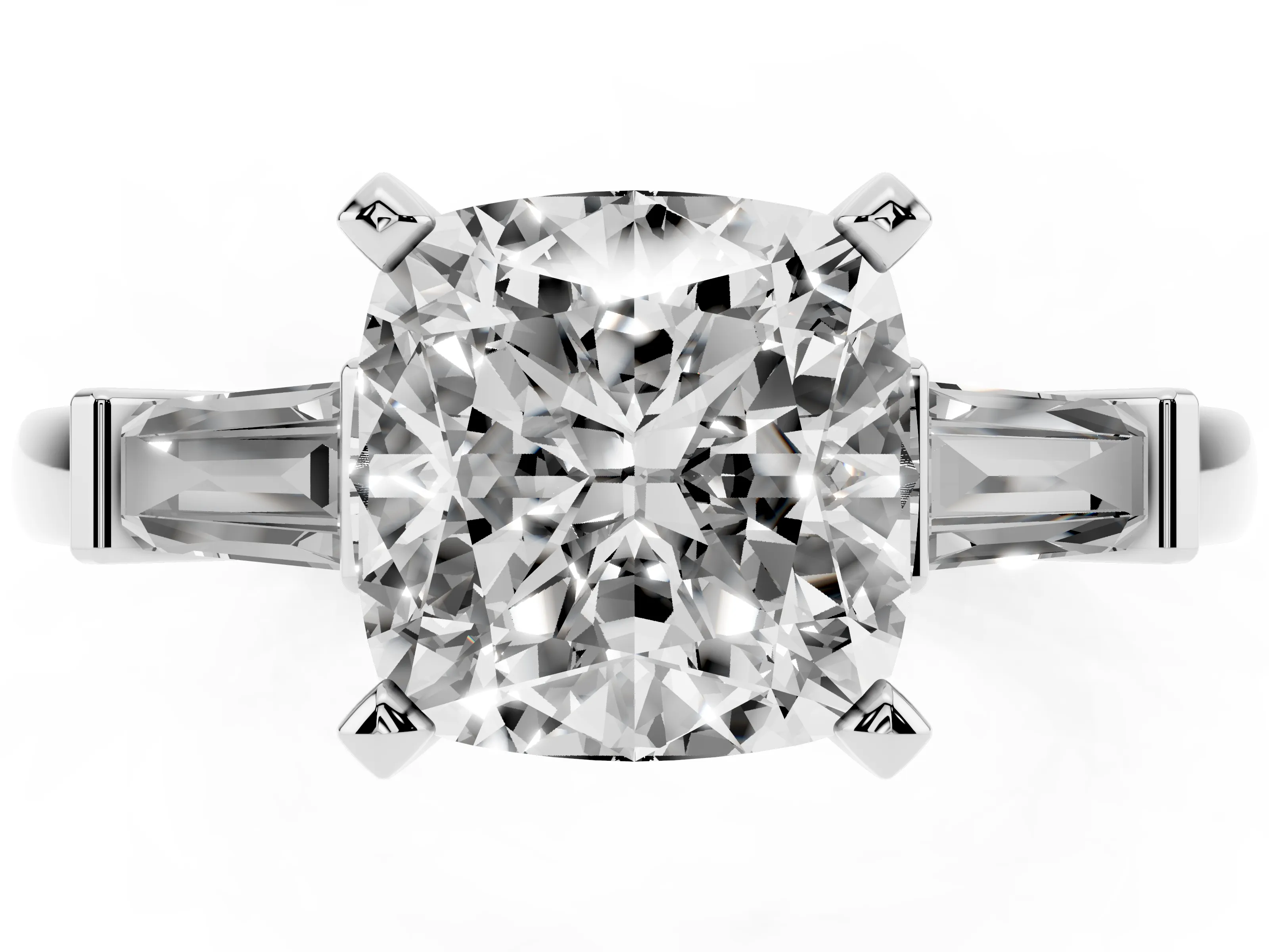 Cushion Cut Diamond Solitaire Ring Set in Silver with Tapered Baguette Accents and Prong Setting