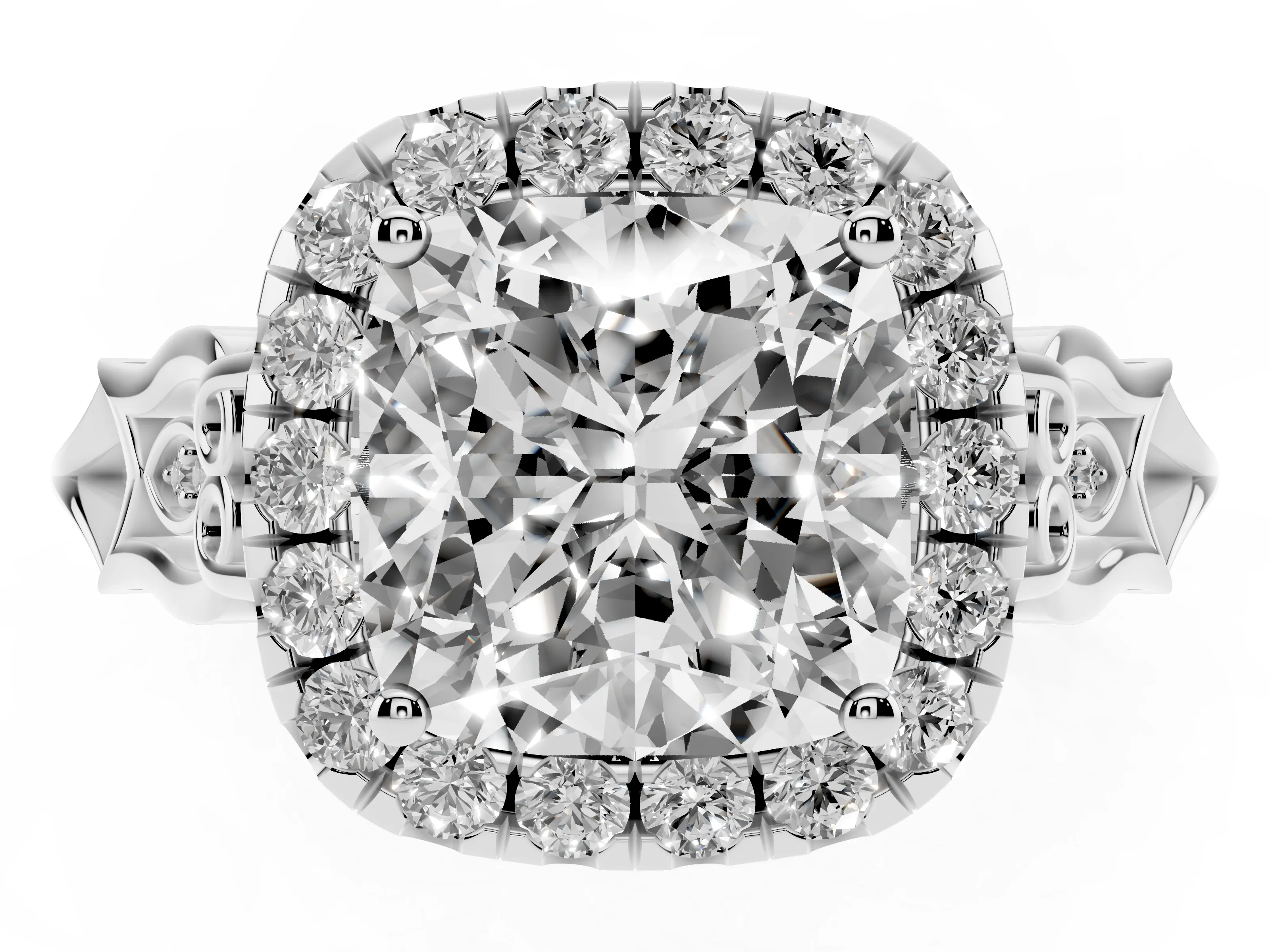 Cushion Cut Diamond Halo Engagement Ring Set in Platinum with Filigree Band and Prong-Set Center