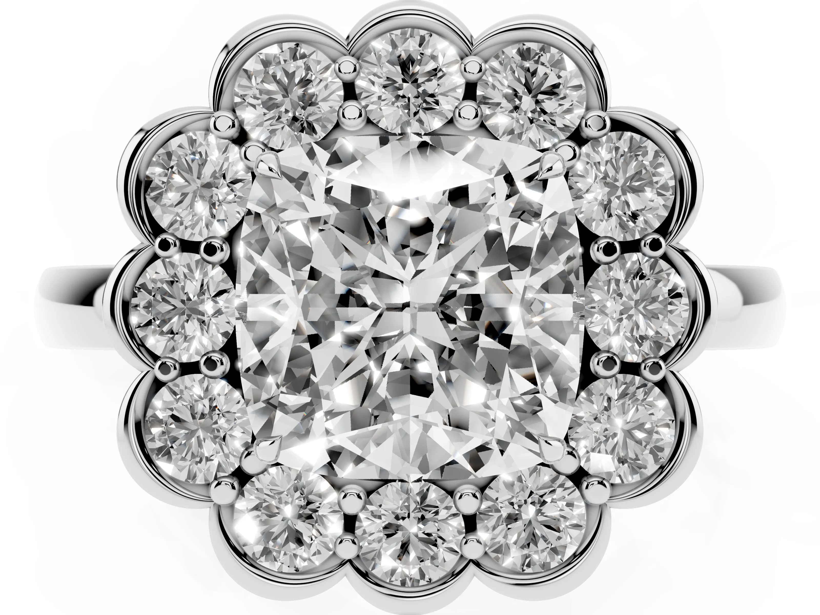 Cushion Cut Diamond Halo Cluster Engagement Ring Set in Platinum with Solitaire Band and Prong Setting