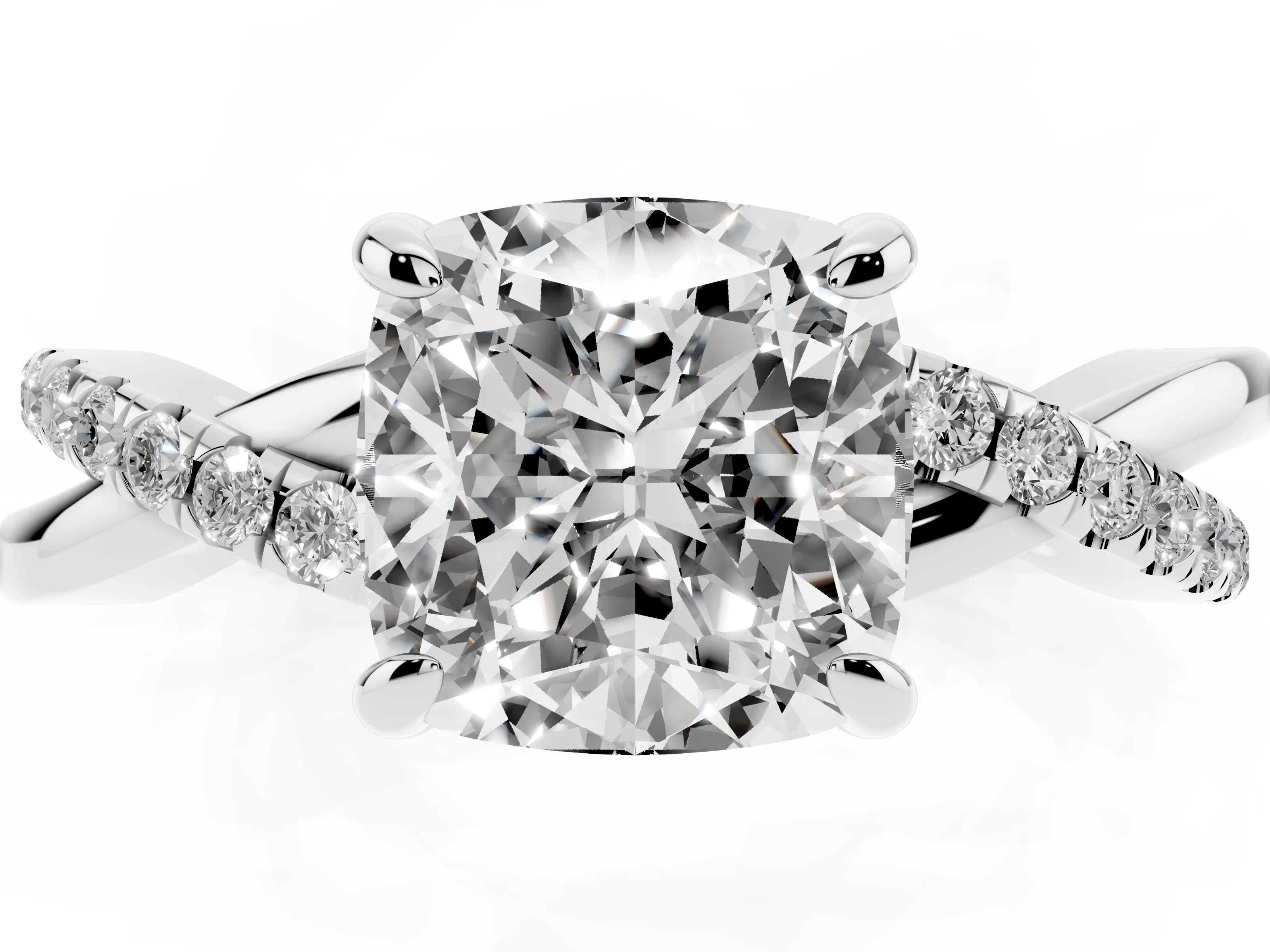 Cushion Cut Diamond Twist Band Pavé Solitaire Ring Set in Silver with Prong Setting