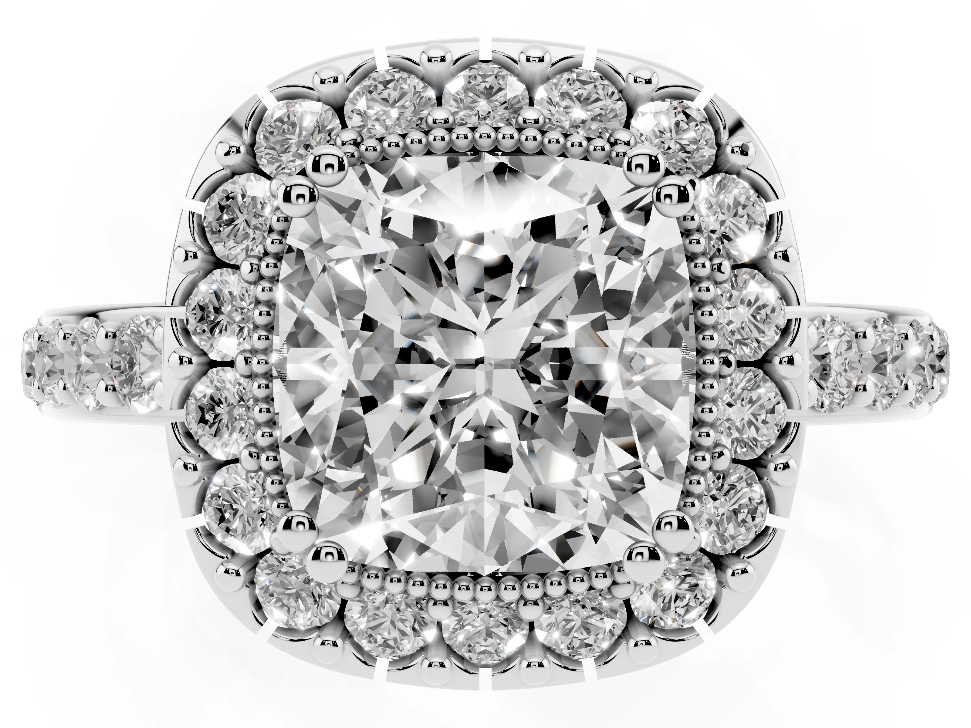 Cushion Cut Diamond Halo Ring Set in White gold with Pavé Shank and Prong Setting