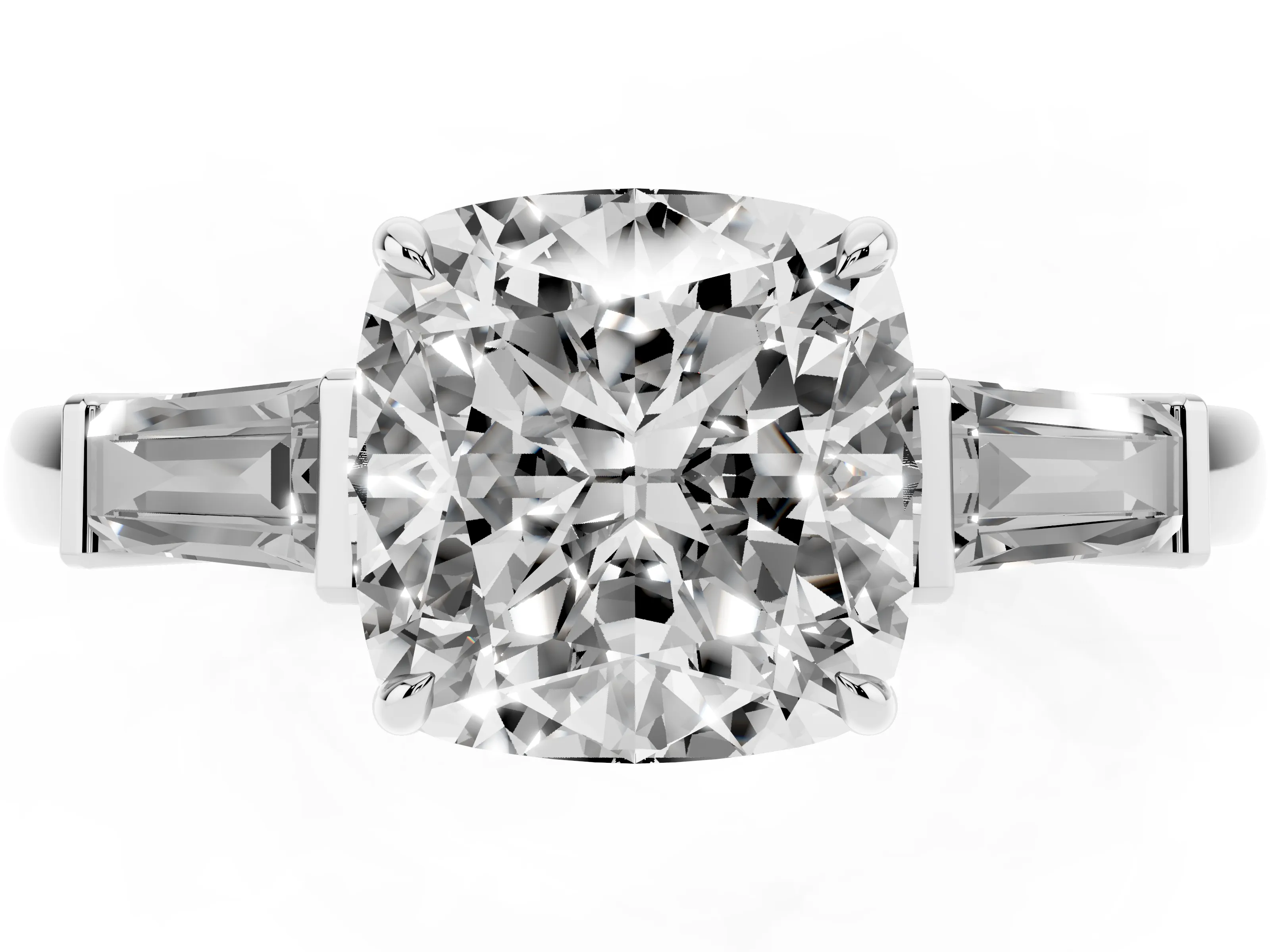 Cushion Cut Diamond Three-Stone Ring Set in Platinum with Tapered Baguette Side Stones and Prong Setting