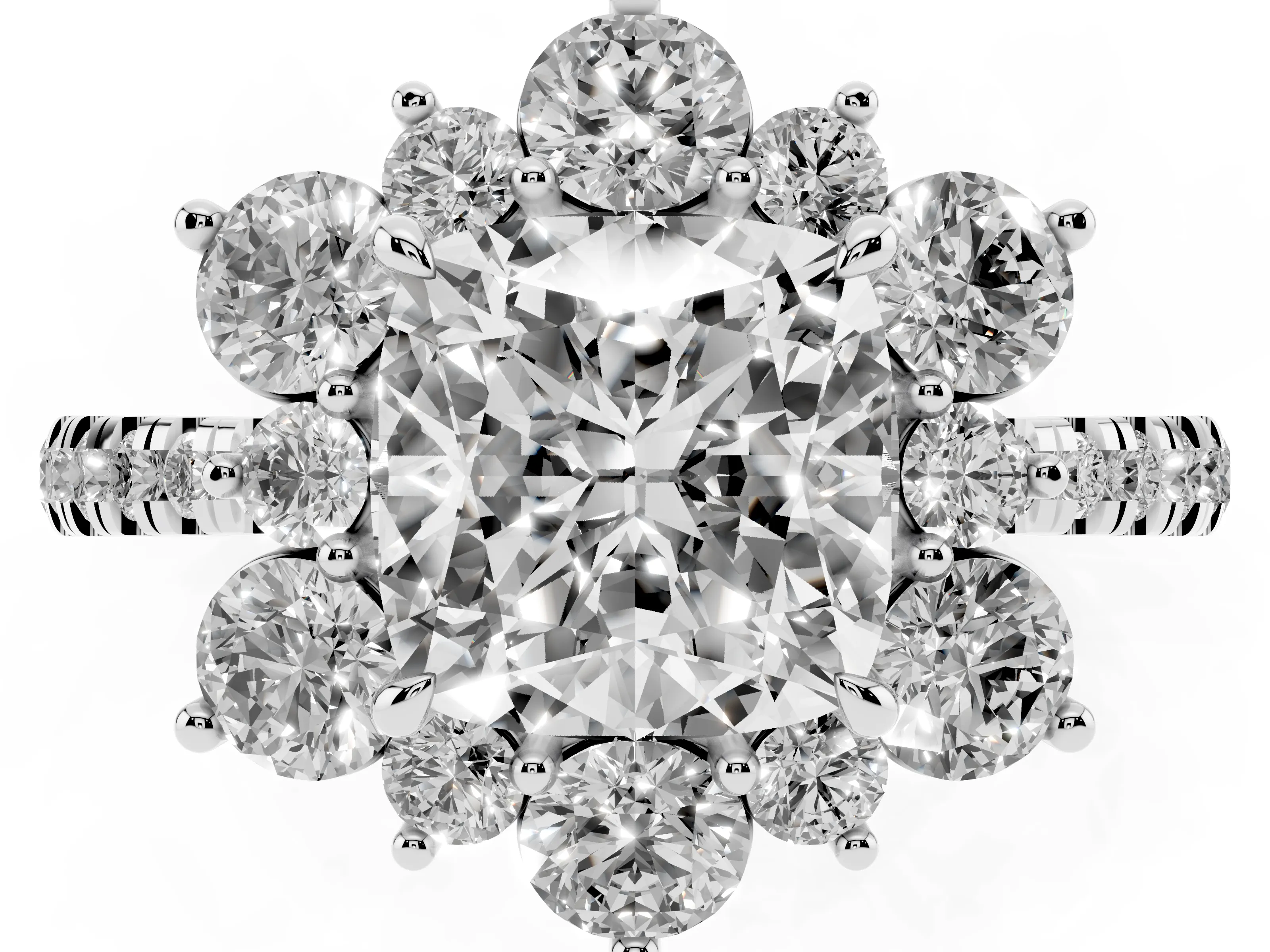 Cushion Cut Diamond Floral Halo Ring Set in Platinum with Round Pavé Band and Prong Setting