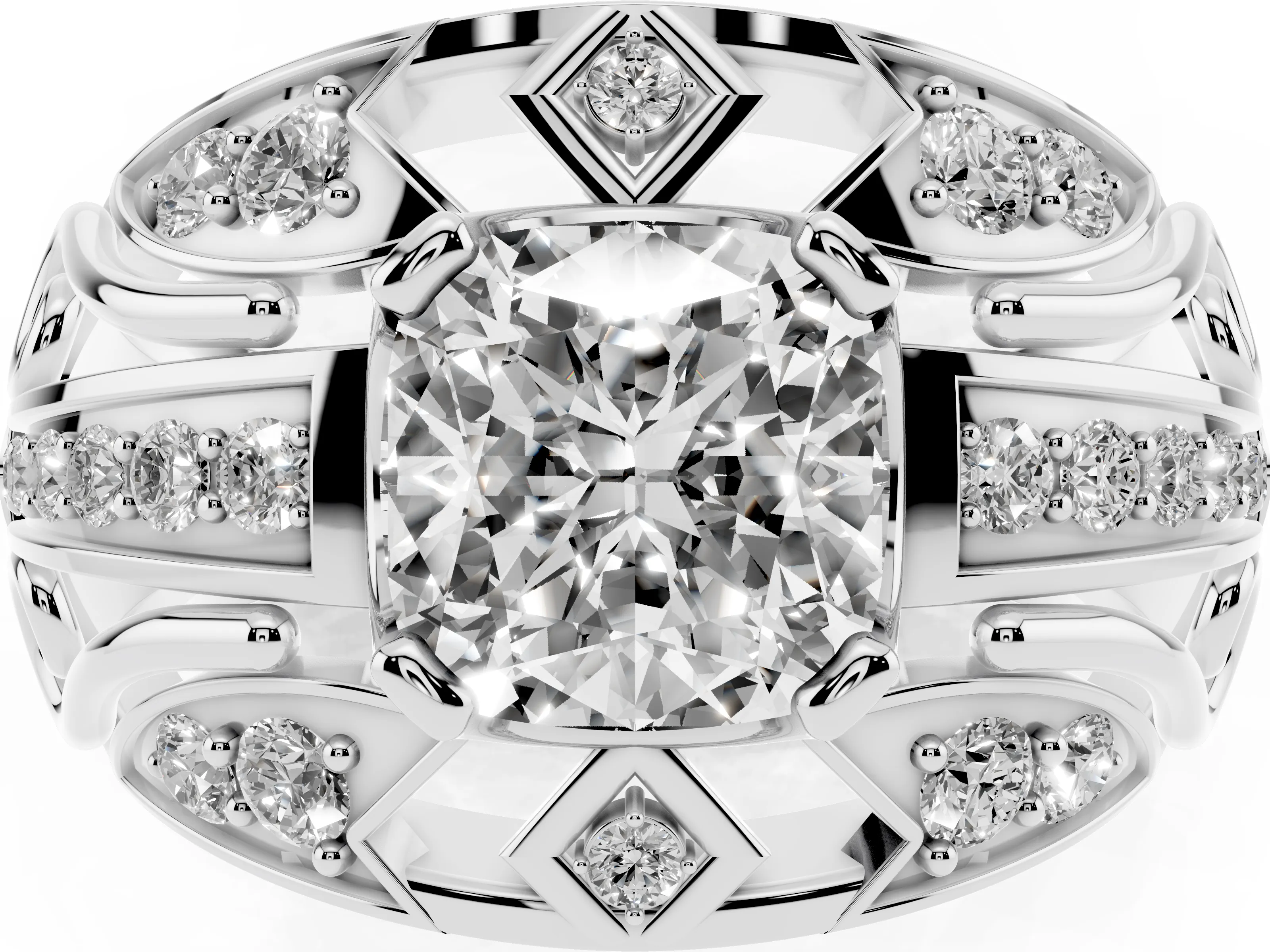 Cushion Cut Diamond Art Deco Ring Set in White gold with Pavé Split Shank