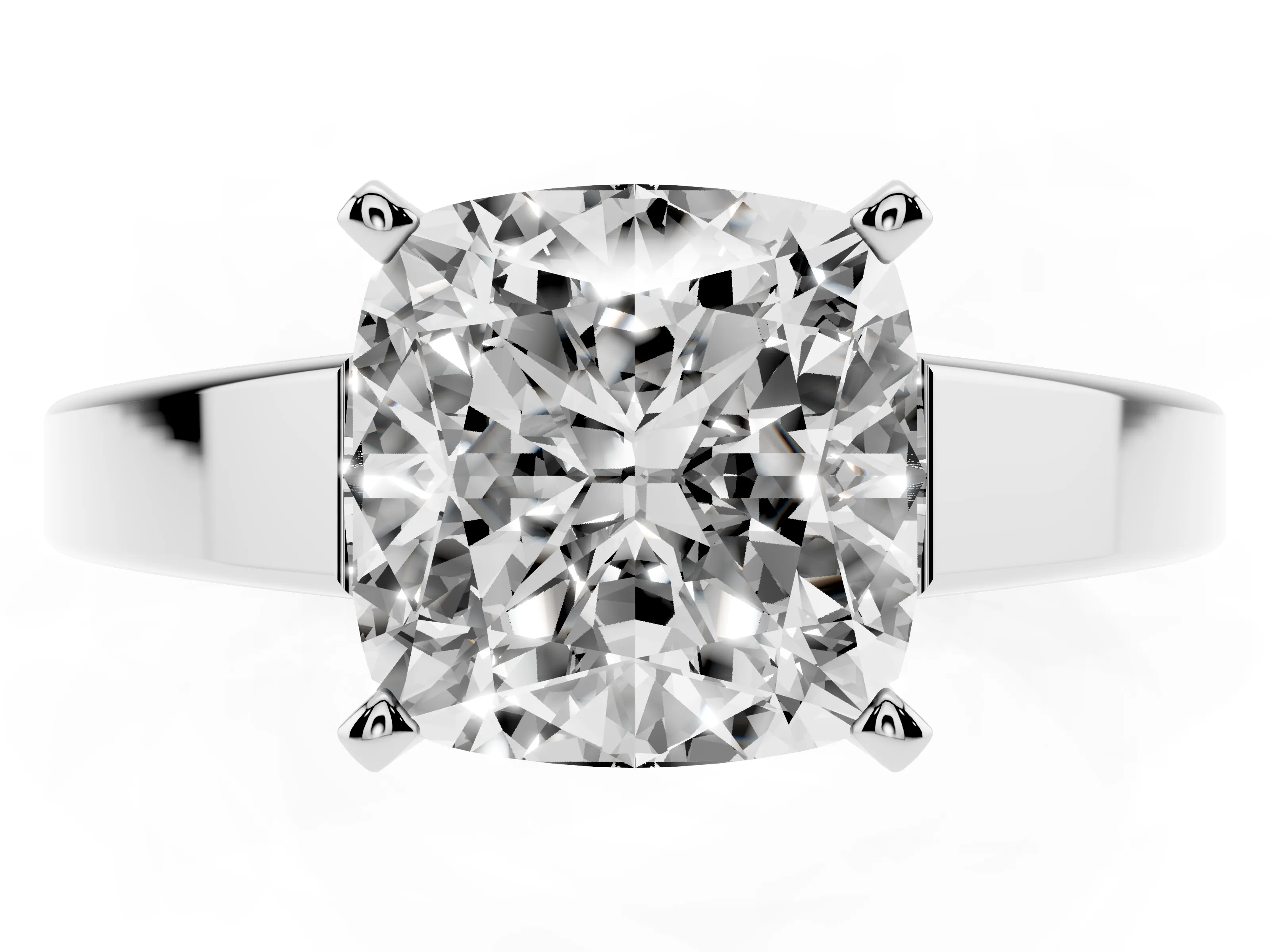Cushion Cut Diamond Solitaire Engagement Ring Set in White gold with Prong Setting and Tapered Band