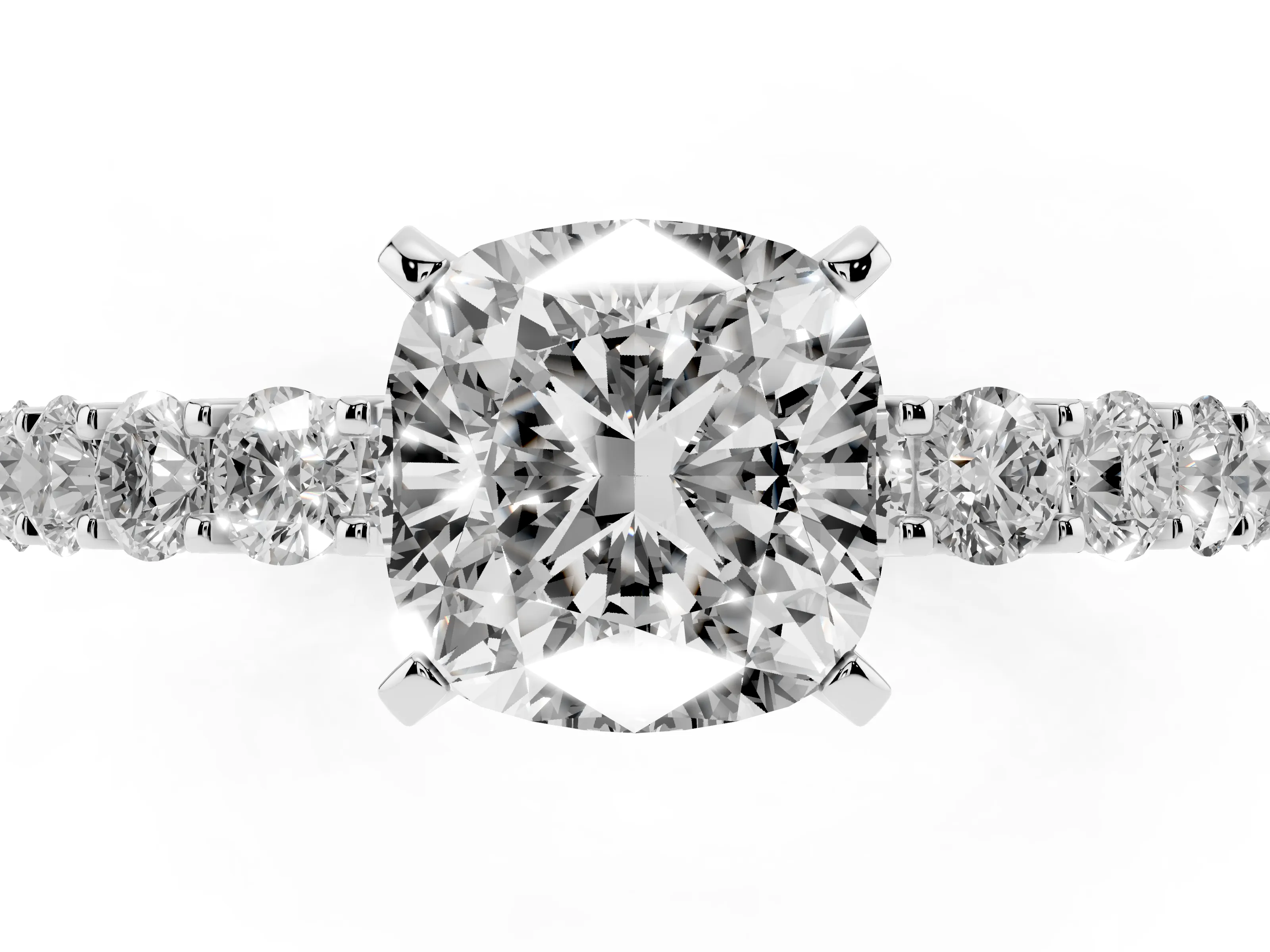 Cushion Cut Diamond Solitaire Ring Set in Silver with Shared Prong Pavé Band