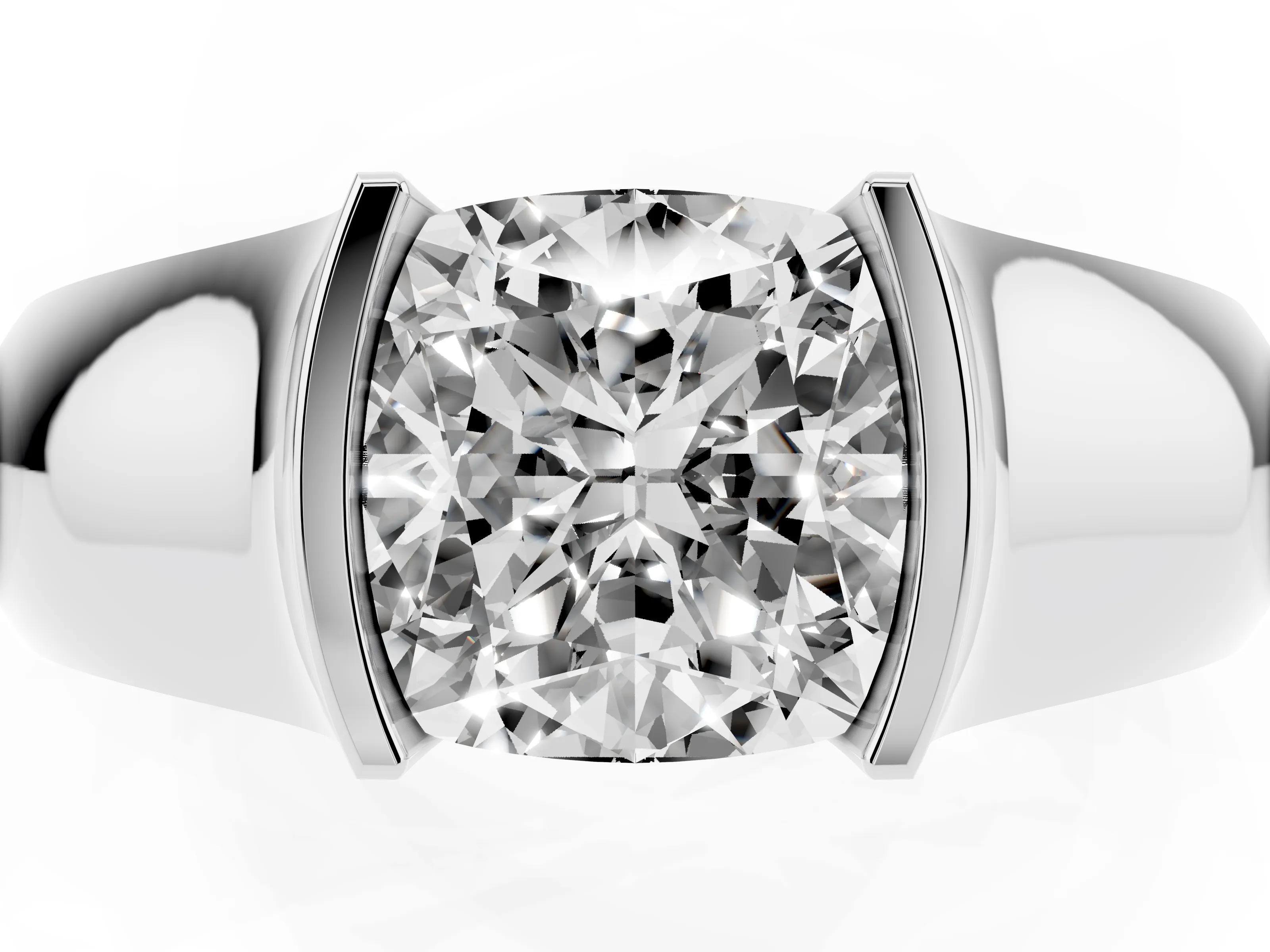 Cushion Cut Diamond Bezel Solitaire Ring Set in Platinum with Wide Band