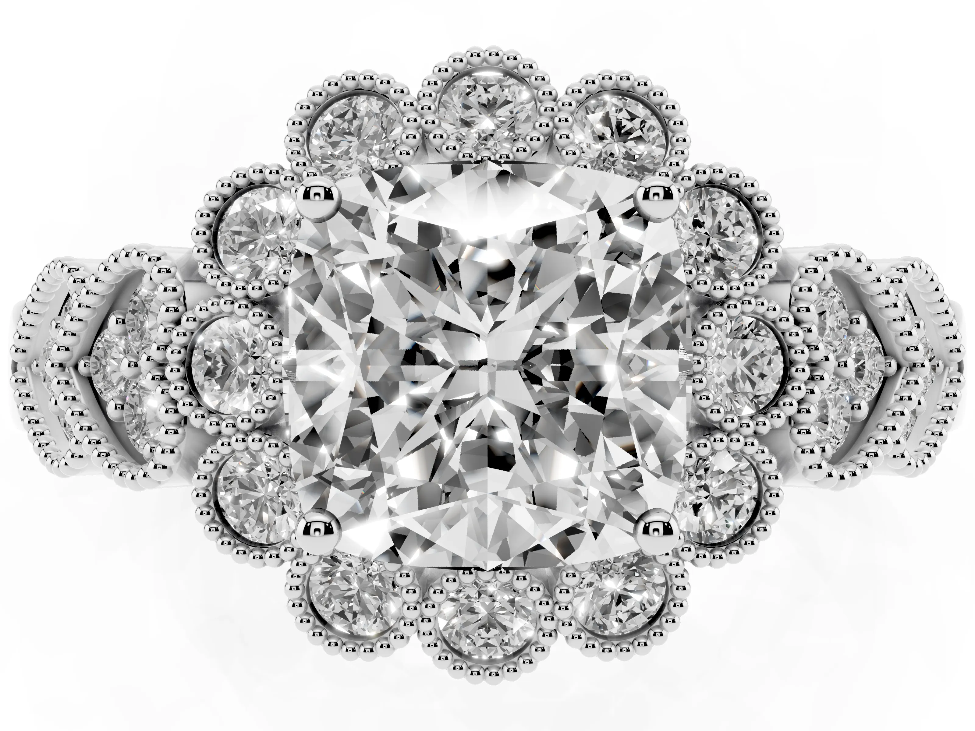 Cushion Cut Diamond Solitaire Ring Set in Platinum with Milgrain Pavé Heart Band