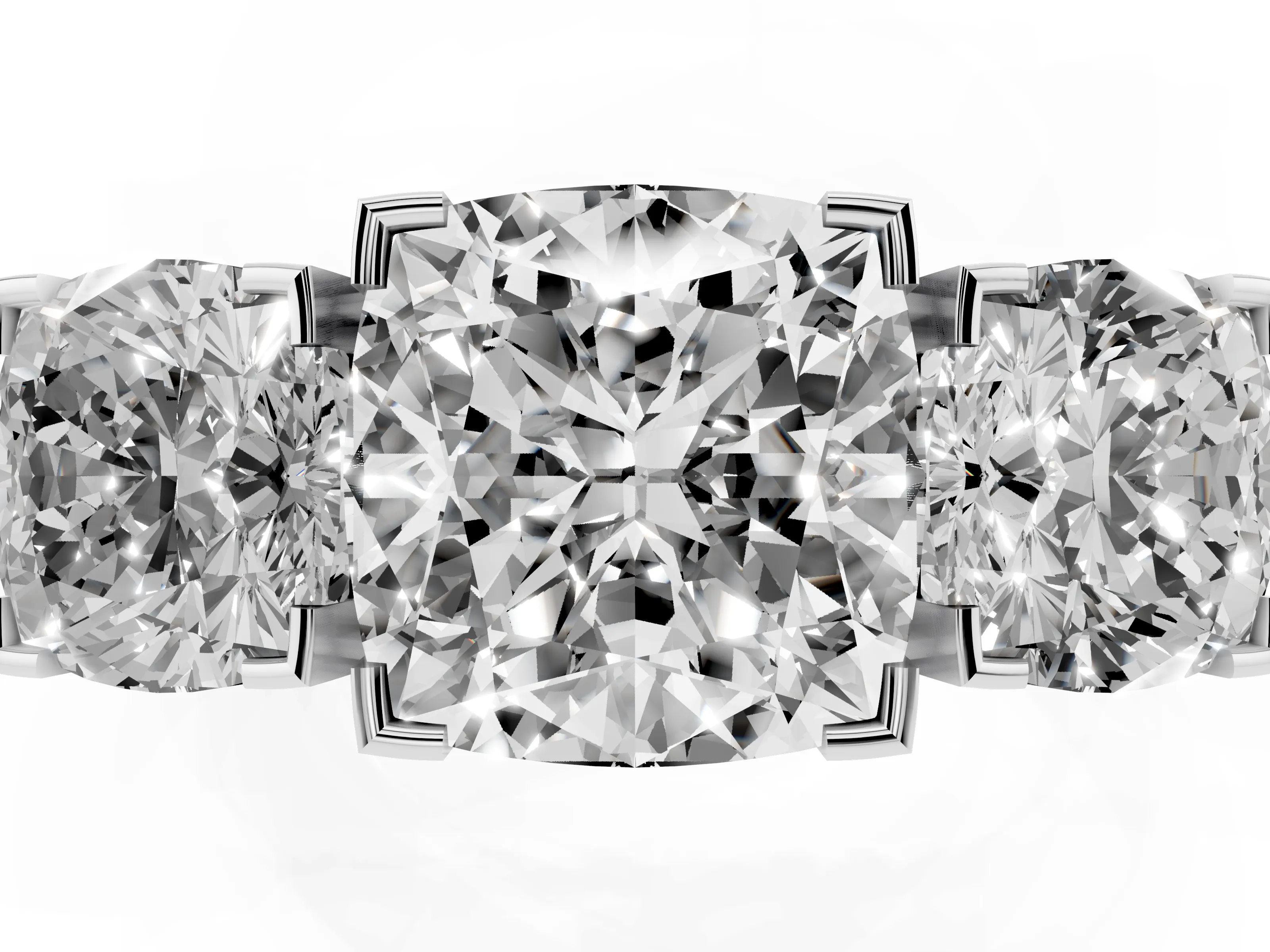 Cushion Cut Diamond Three-Stone Ring Set in Silver with Channel-Set Band and Prong Settings