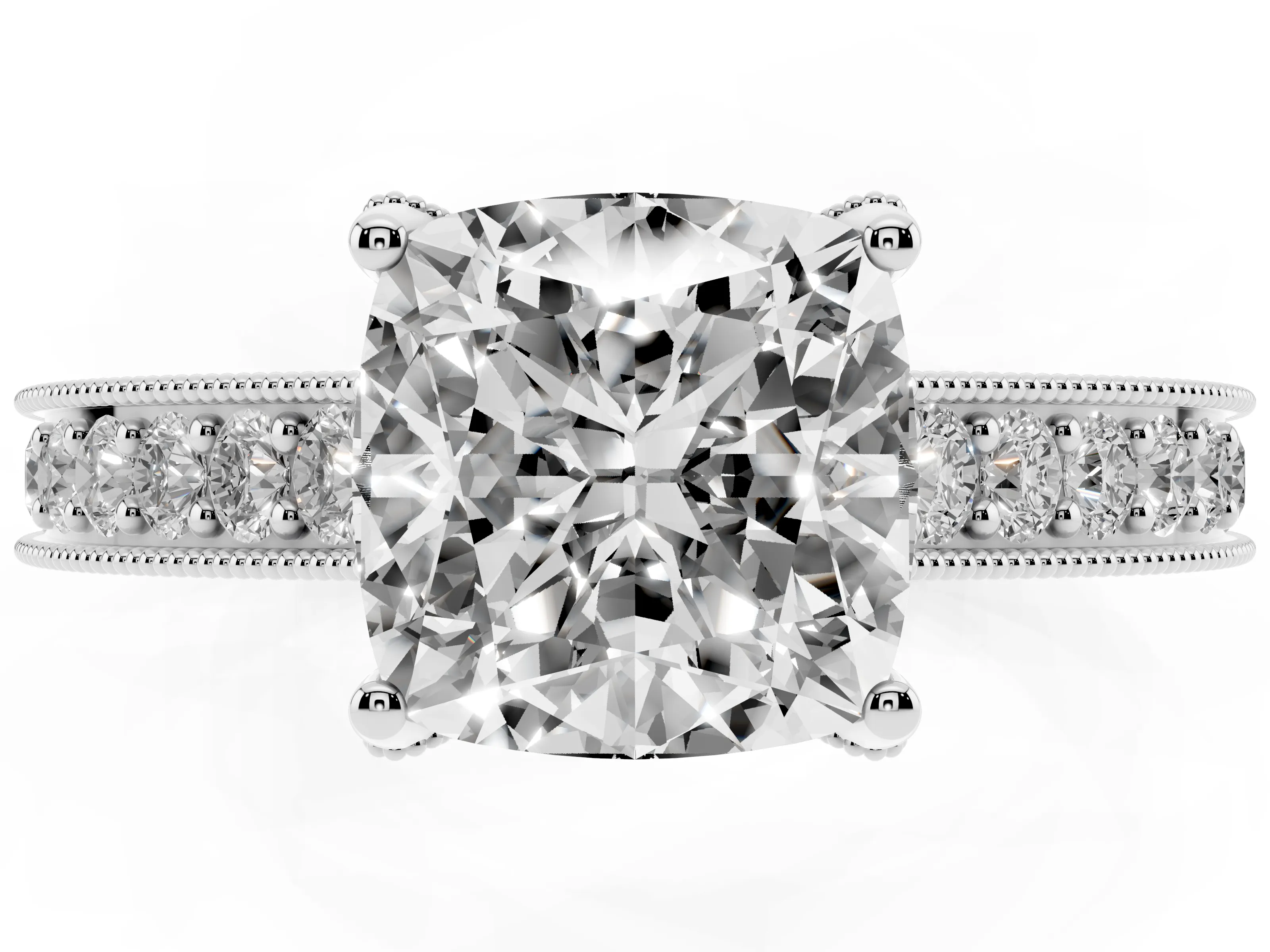 Cushion Cut Diamond Solitaire Ring Set in Silver with Milgrain-Edged Pavé Band and Prong Setting