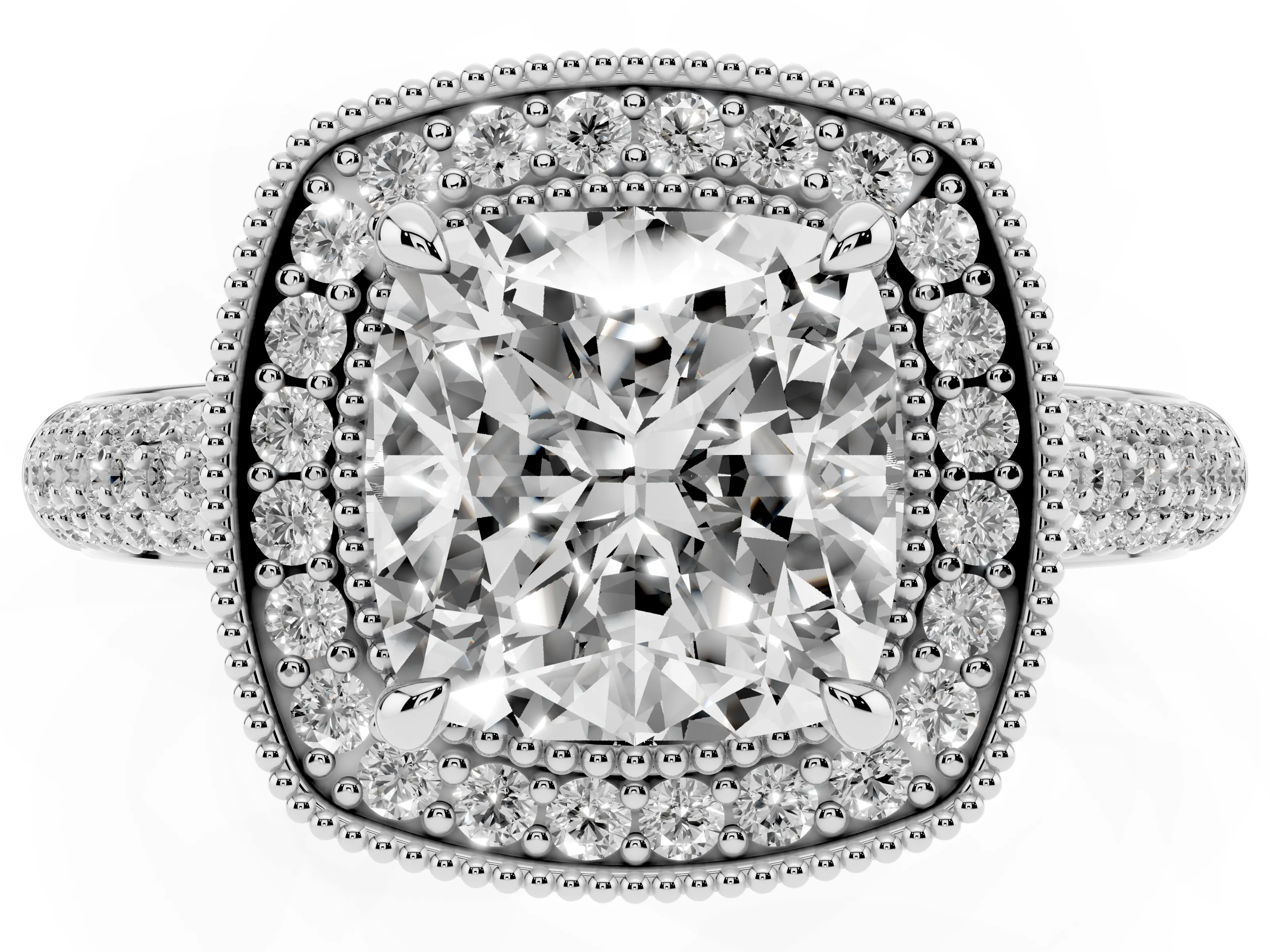 Cushion Cut Diamond Halo Pavé Band Set in Platinum with Prong Setting