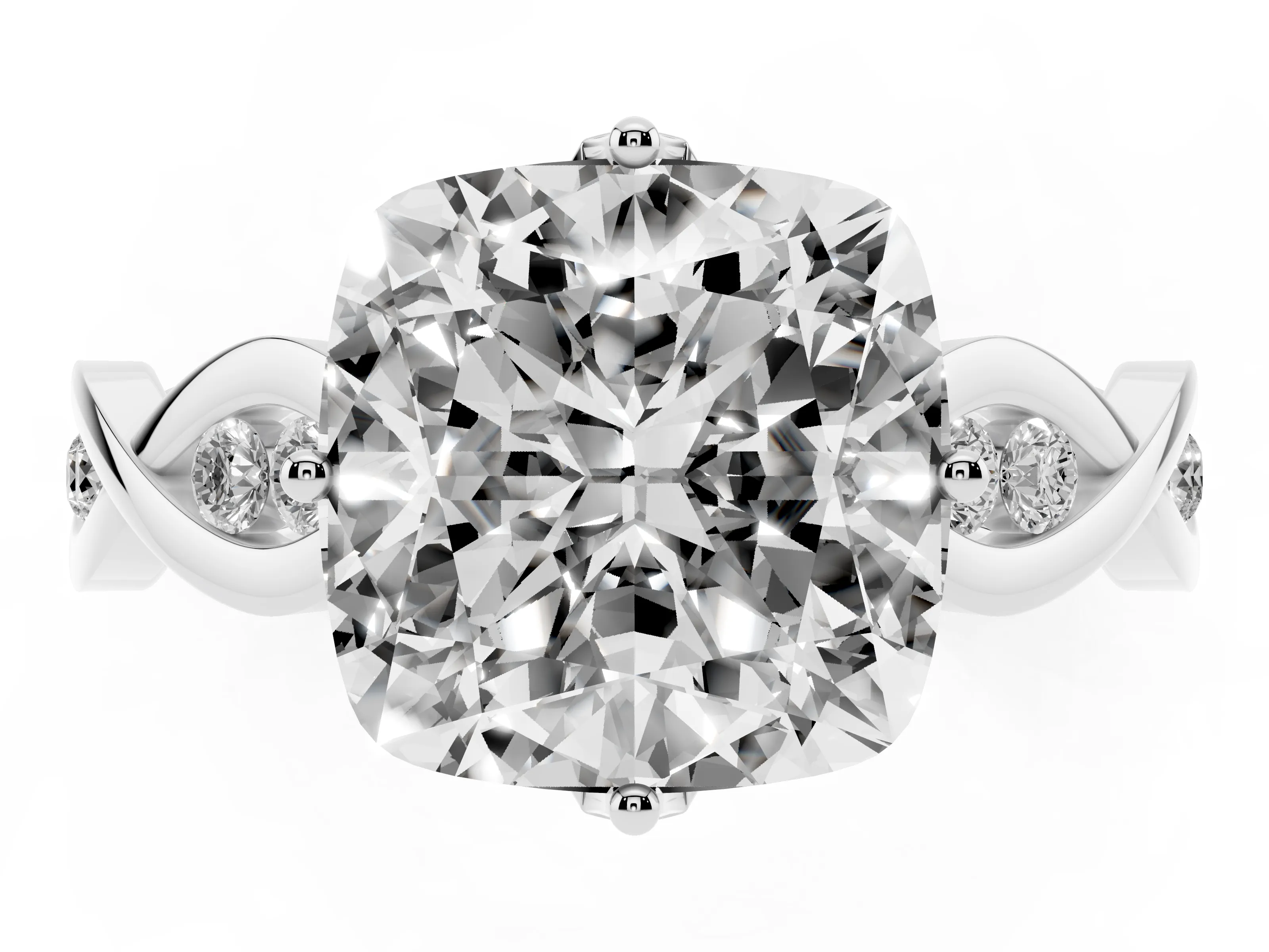Cushion Cut Diamond Twist Band Solitaire Ring Set in Silver with Leaf Prong Setting and Accent Stones