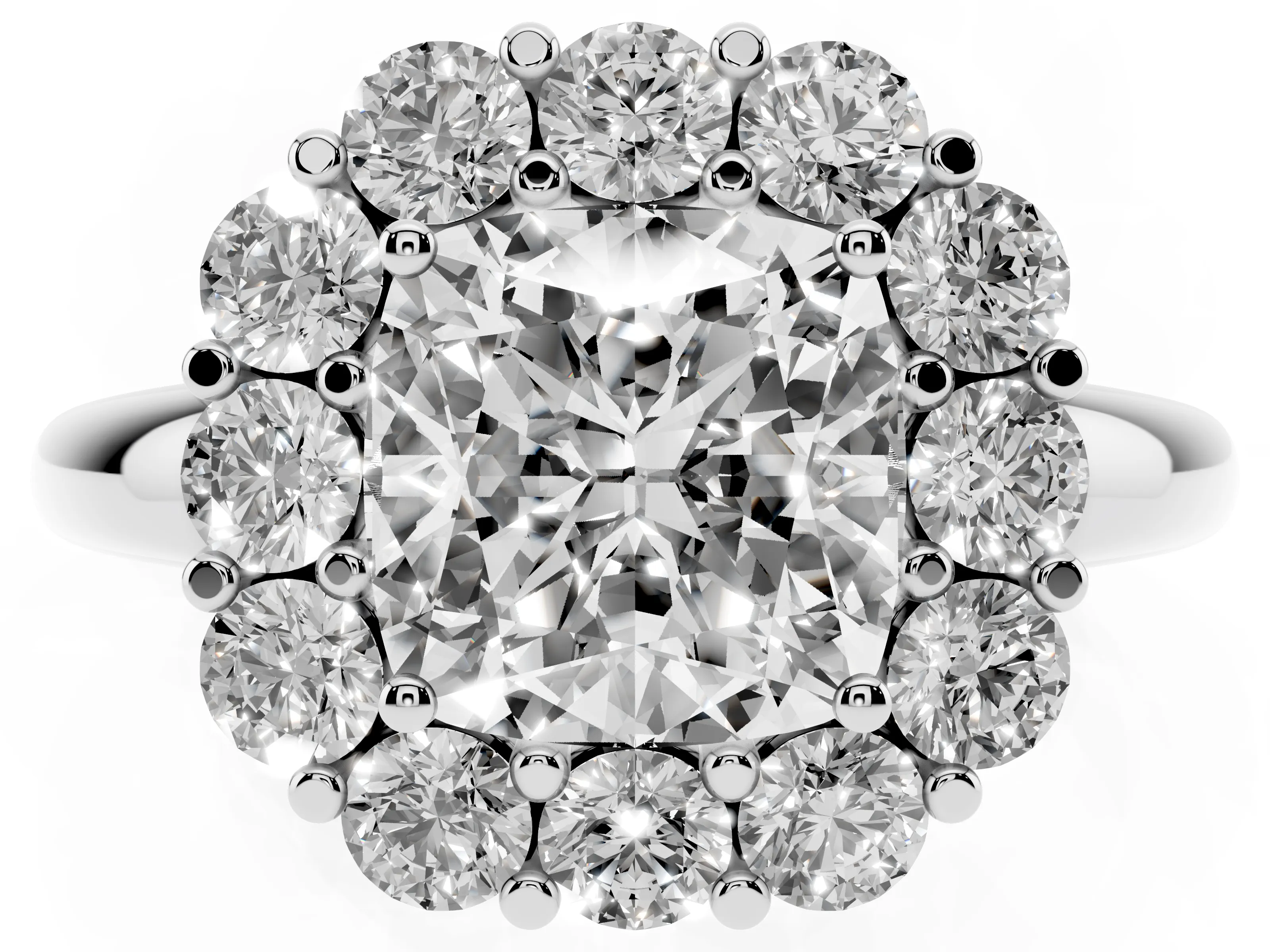 Cushion Cut Diamond Halo Cluster Engagement Ring Set in White gold with Polished Band and Prong Setting
