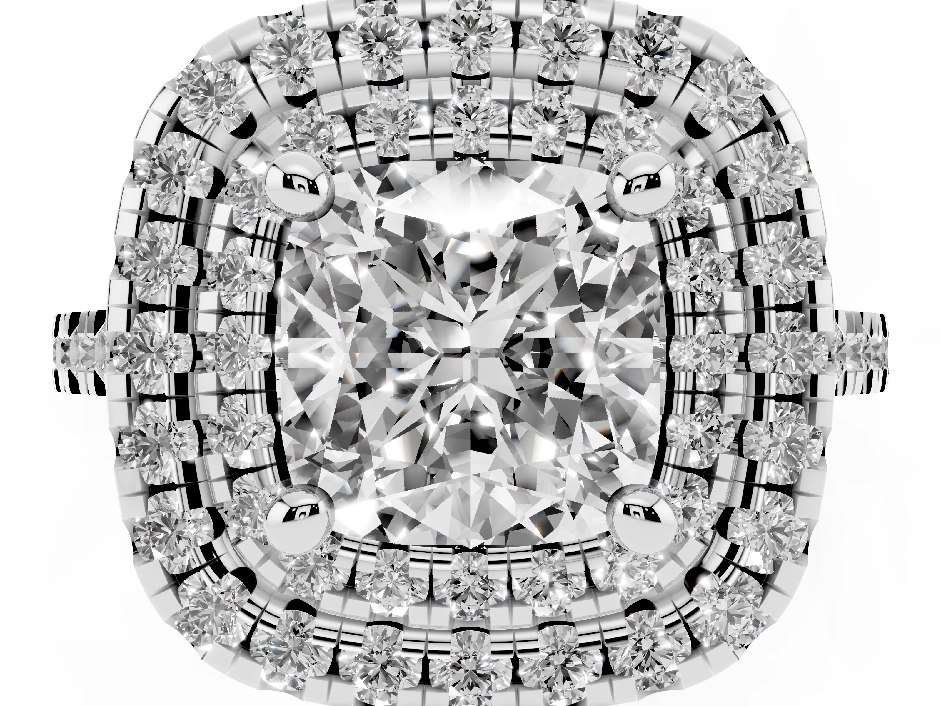 Cushion Cut Diamond Double Halo Statement Ring Set in Platinum with Pavé Band