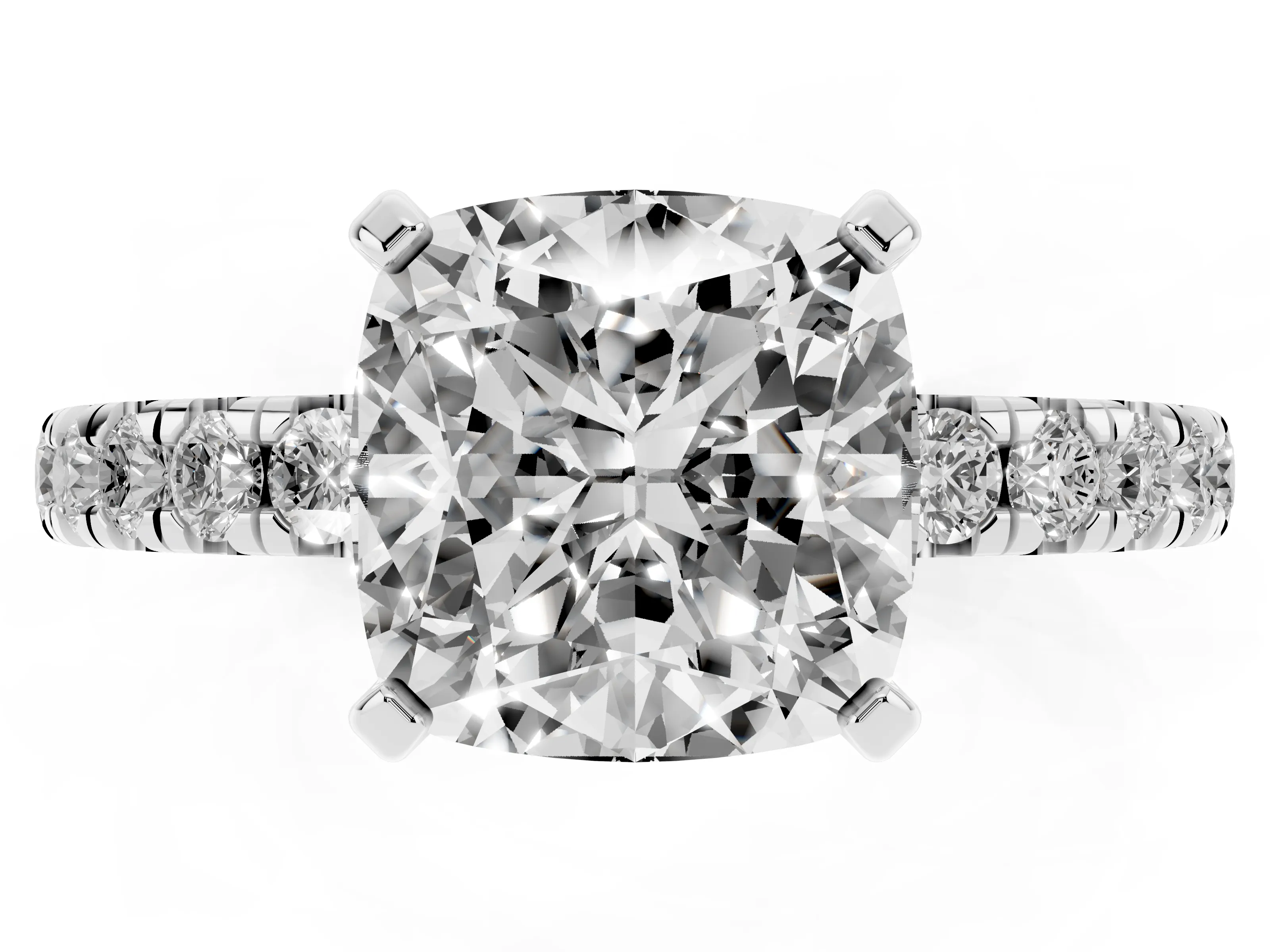 Cushion Cut Diamond Pavé Solitaire Ring Set in White gold with Round Band and Prong Setting