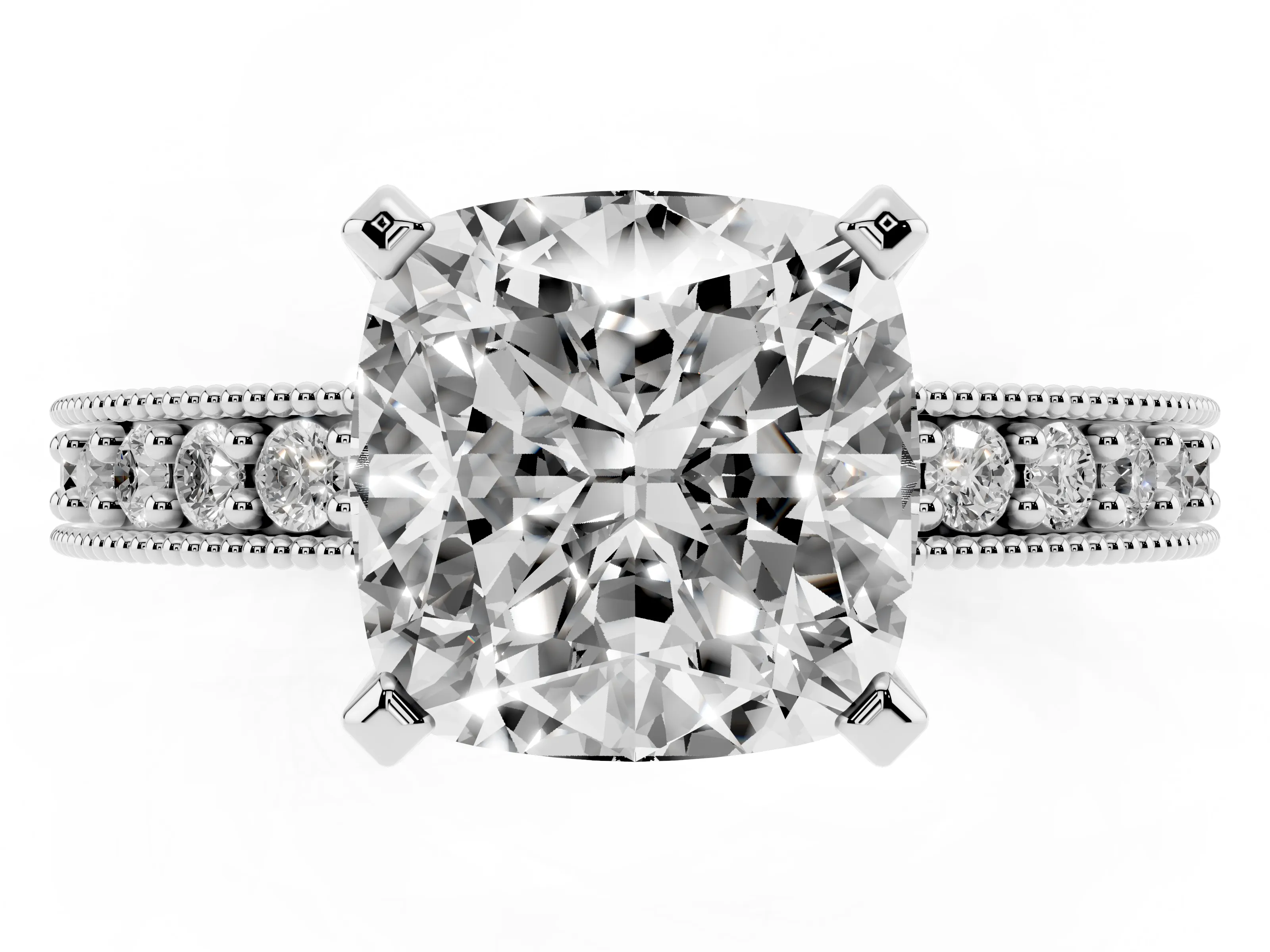 Cushion Cut Diamond Milgrain Pavé Engagement Ring Set in Silver with Prong Setting
